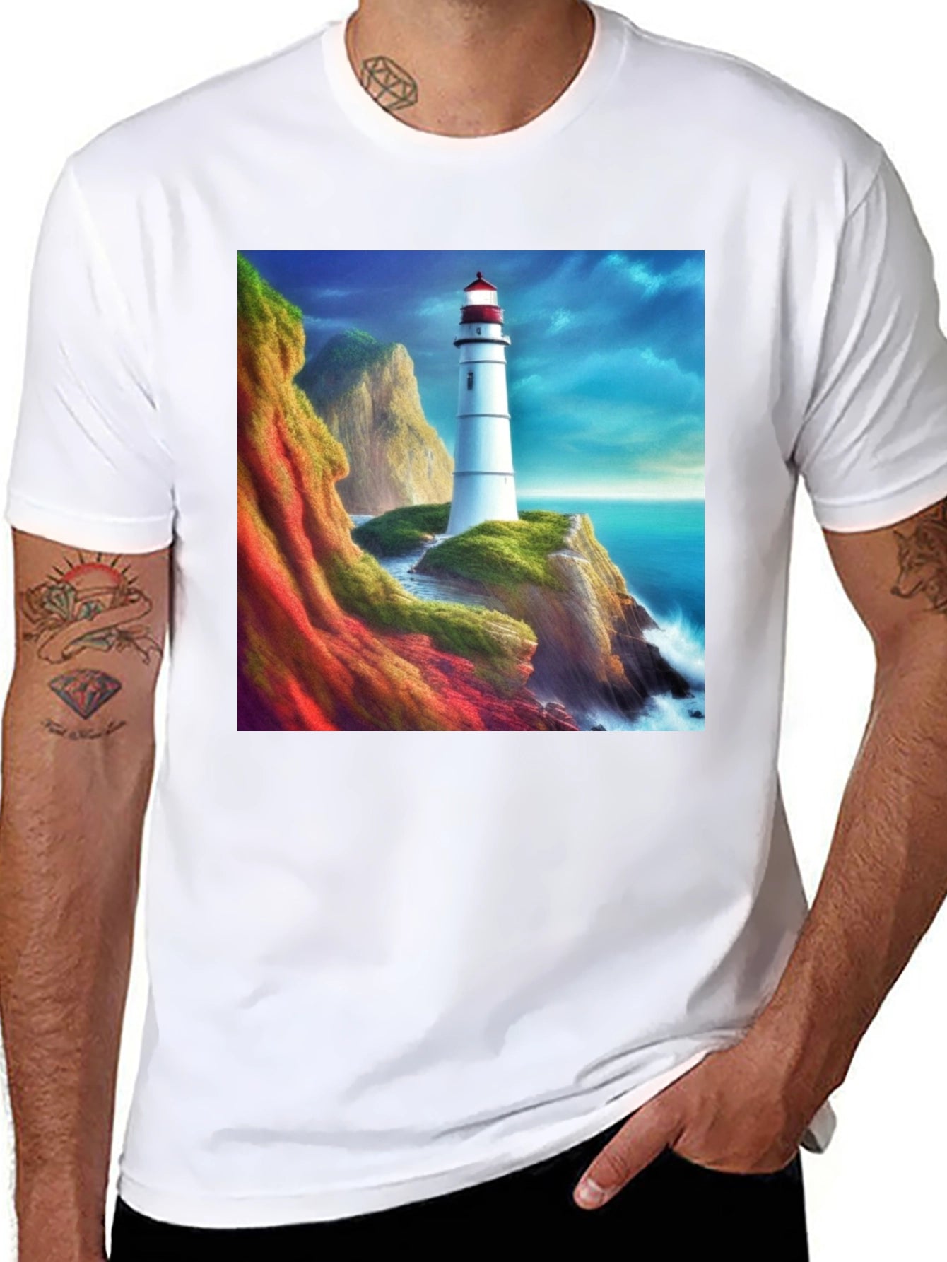 Lighthouse Scene Graphic Tee - Coastal Design T-Shirt