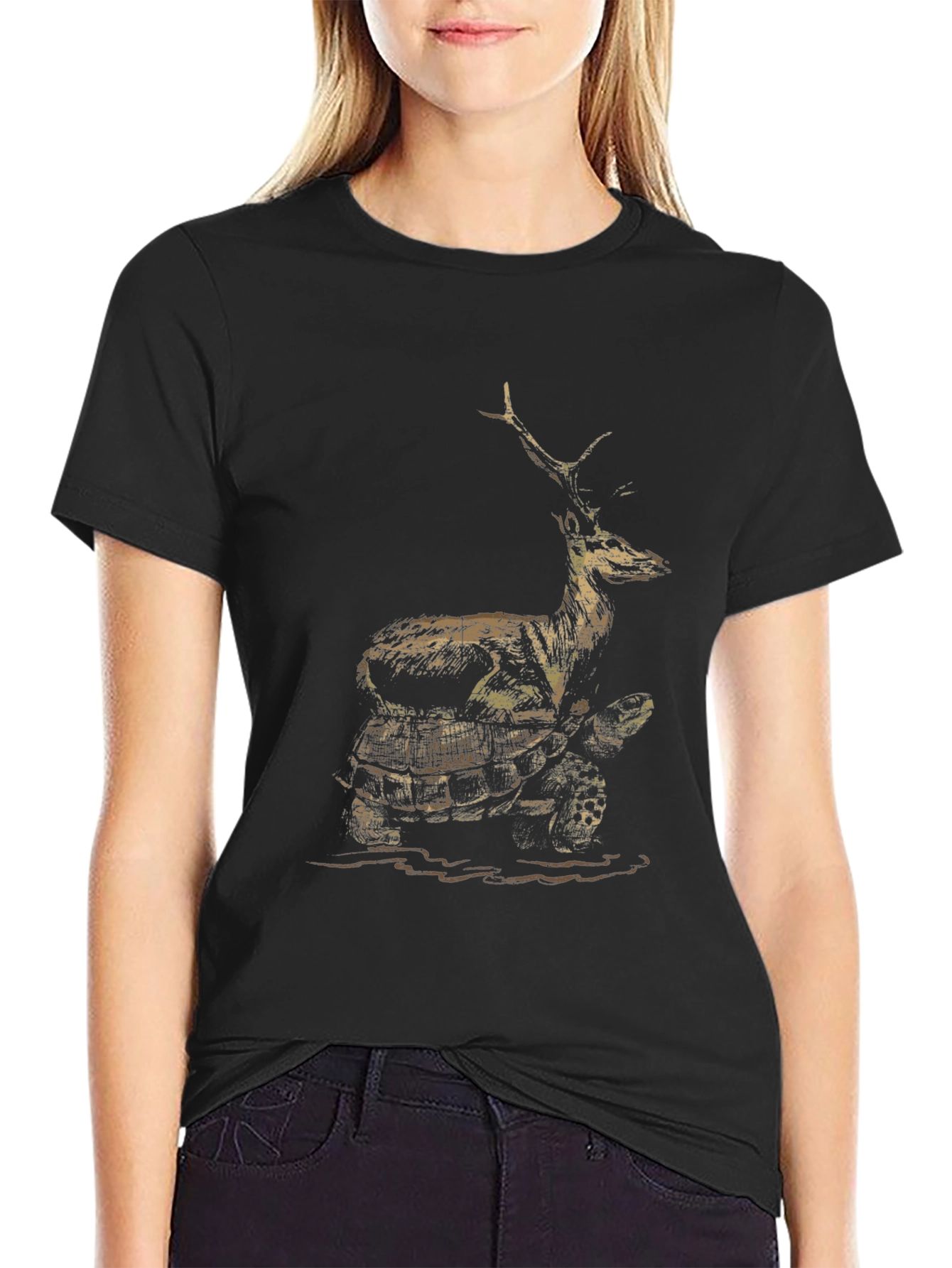 Deer Riding Turtle Graphic Tee - Black