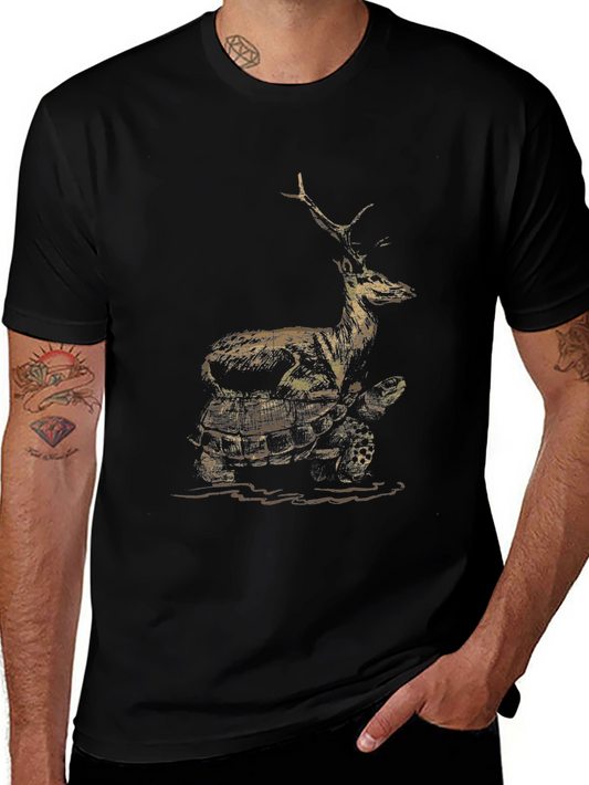 Deer Riding Turtle Graphic Tee - Black