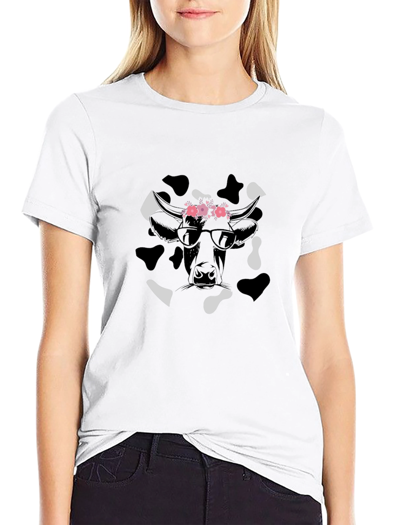 Cow Print T-Shirt with Floral Crown