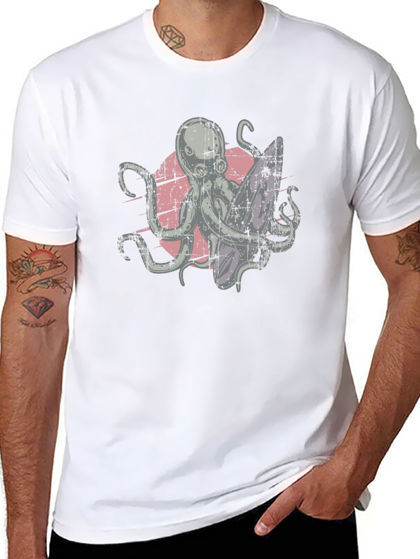 Surfing Octopus Graphic Tee - Black Cotton T-Shirt