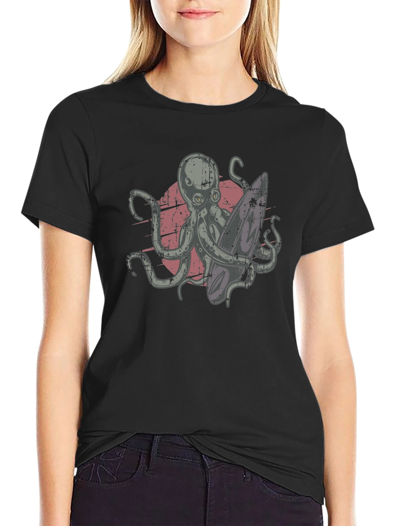 Surfing Octopus Graphic Tee - Black Cotton T-Shirt