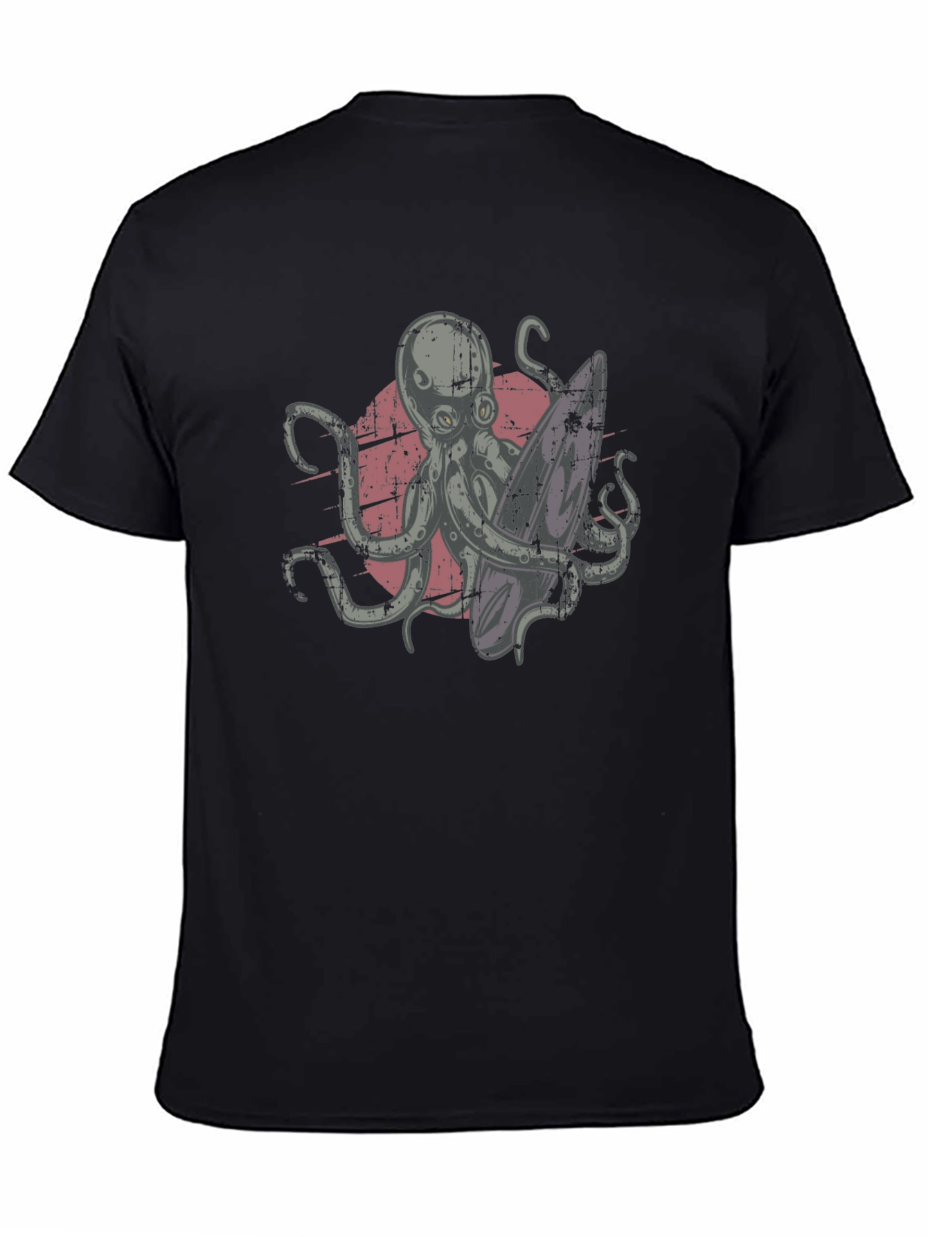 Surfing Octopus Graphic Tee - Black Cotton T-Shirt