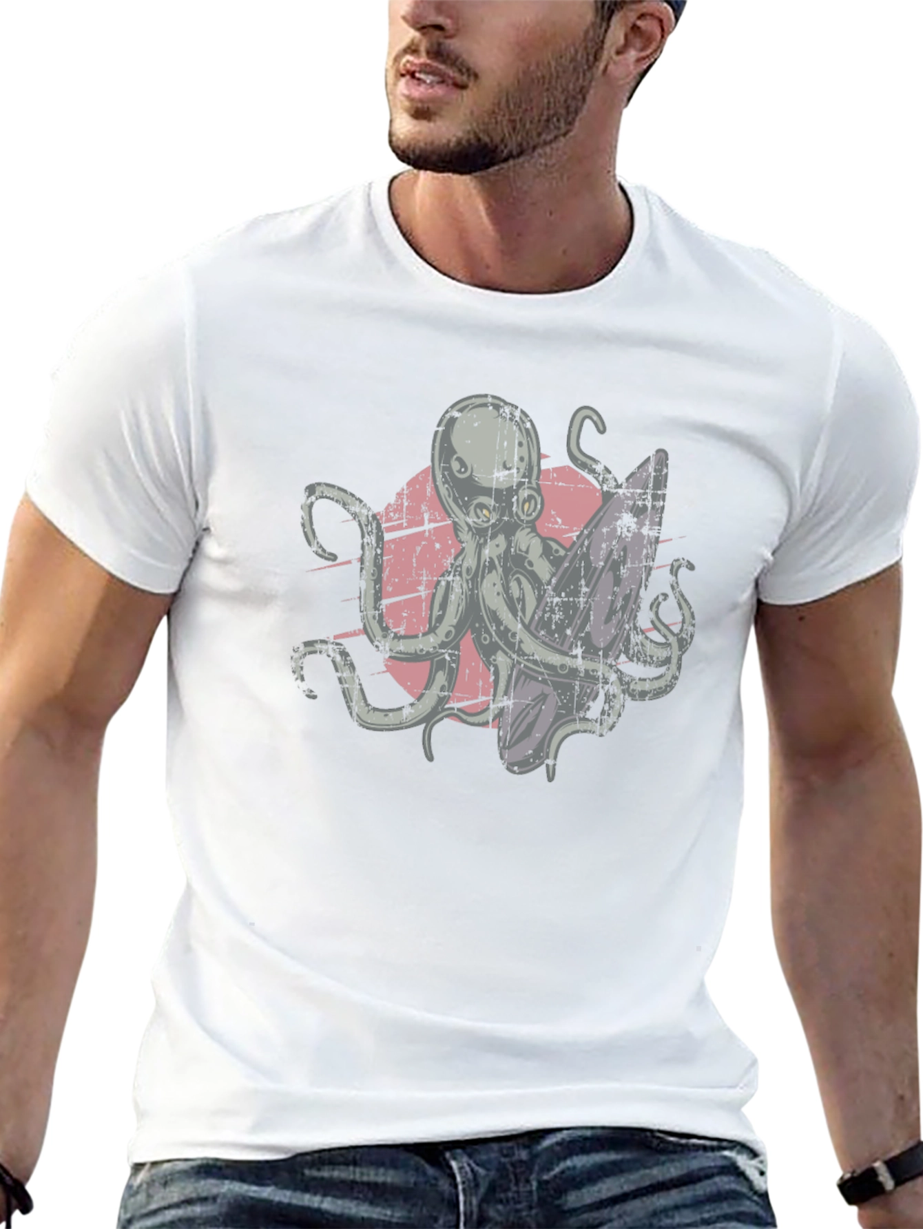 Surfing Octopus Graphic Tee - Black Cotton T-Shirt