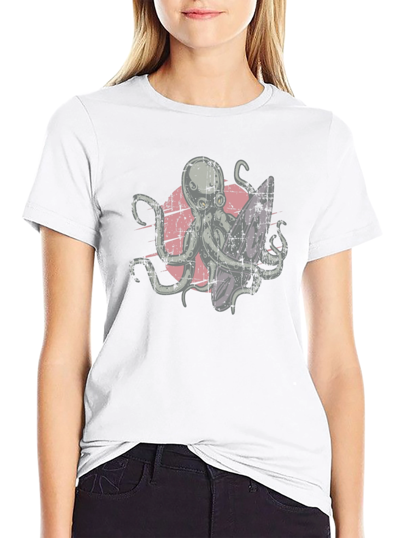 Surfing Octopus Graphic Tee - Black Cotton T-Shirt