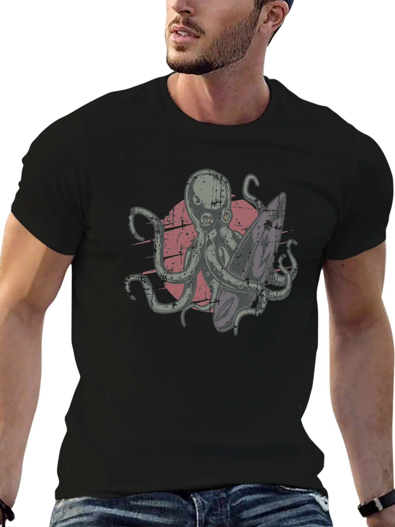 Surfing Octopus Graphic Tee - Black Cotton T-Shirt