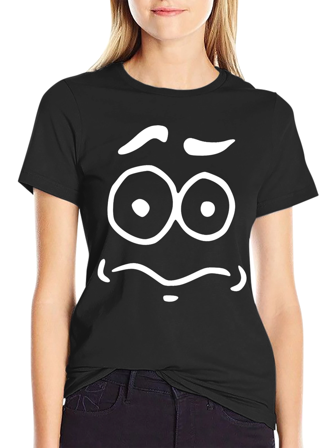 Expressive Cartoon Face Graphic T-Shirt - Black