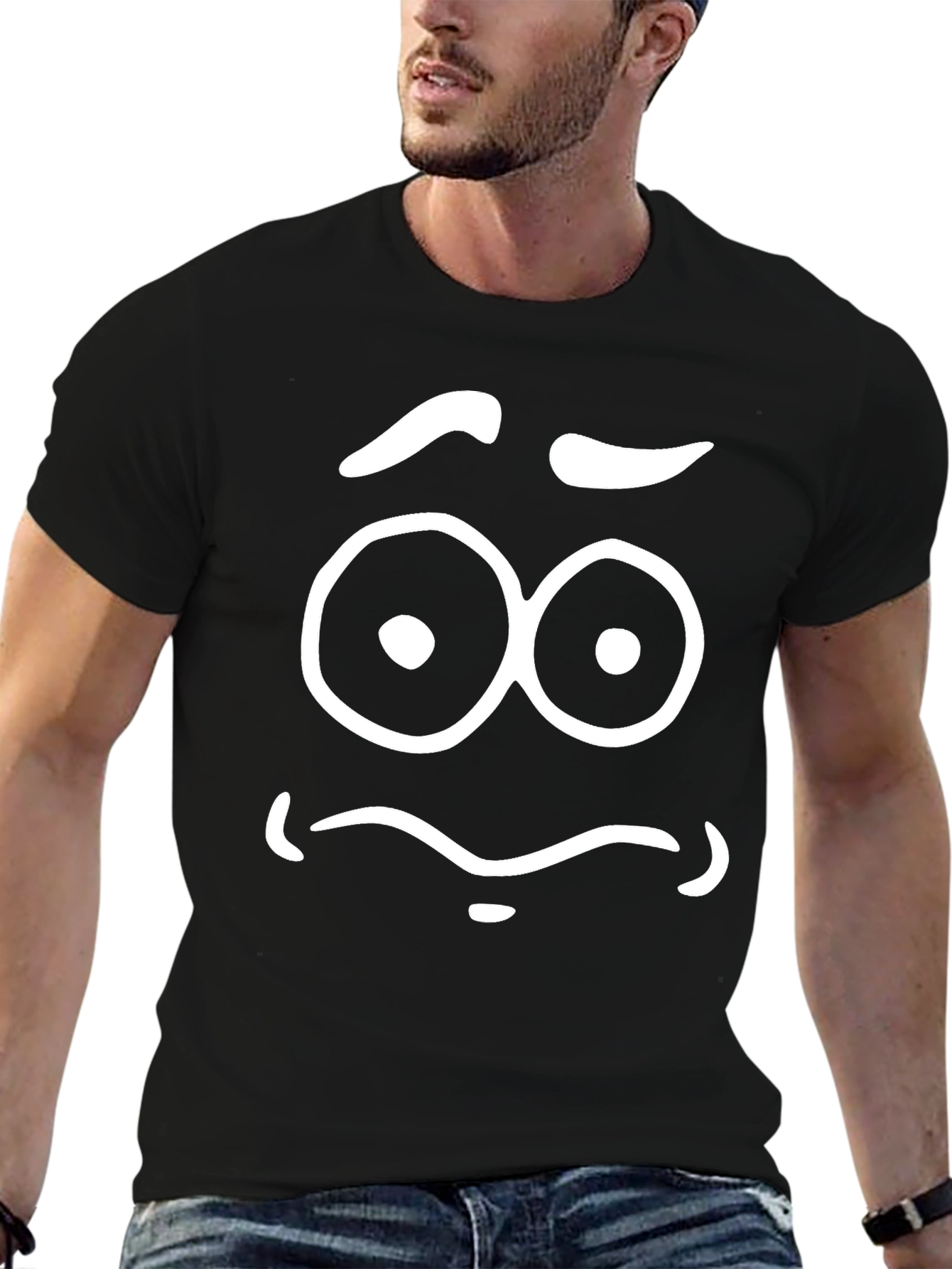 Expressive Cartoon Face Graphic T-Shirt - Black