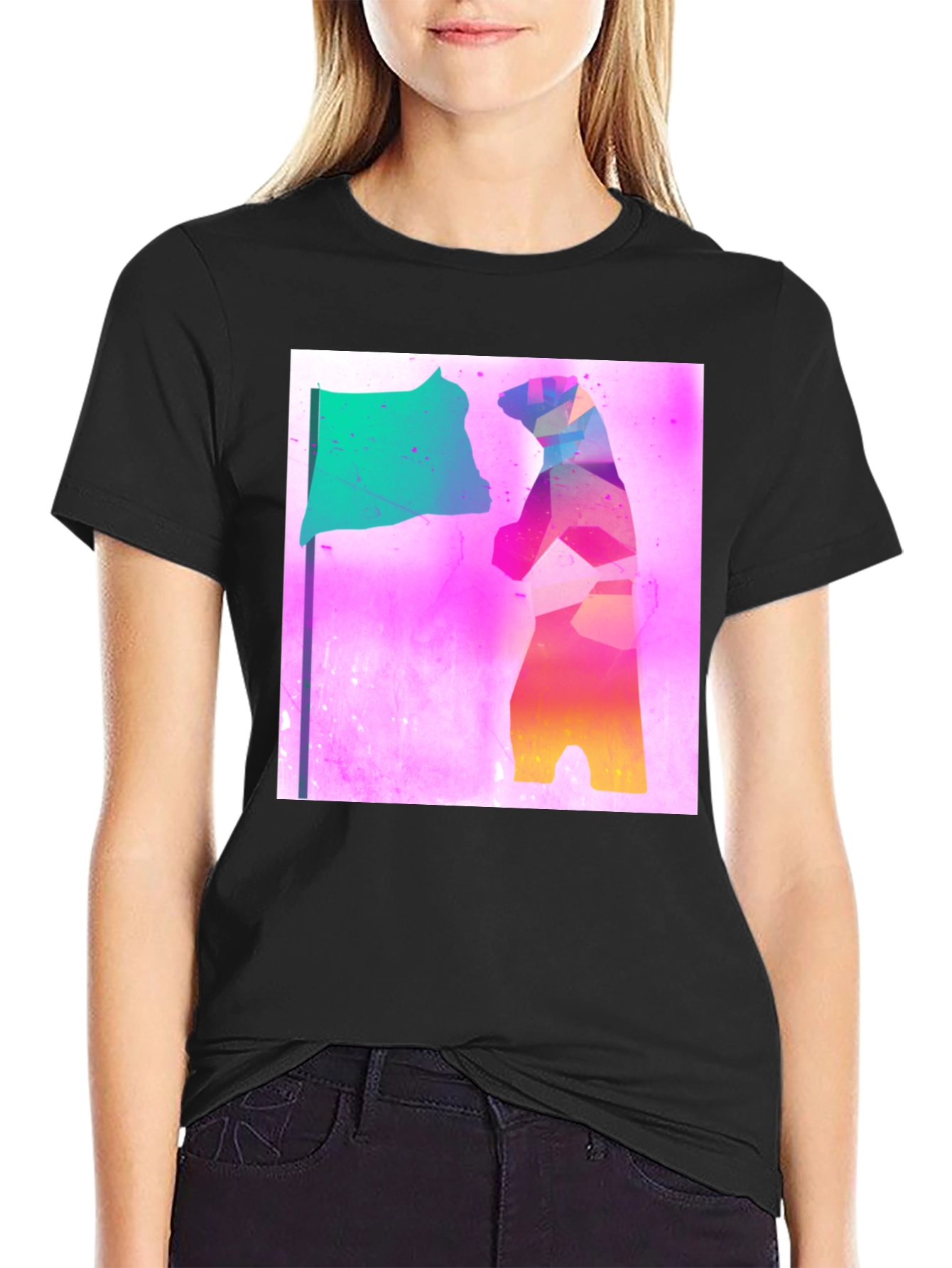 Abstract Bear Flag Graphic Tee - Black Cotton Blend