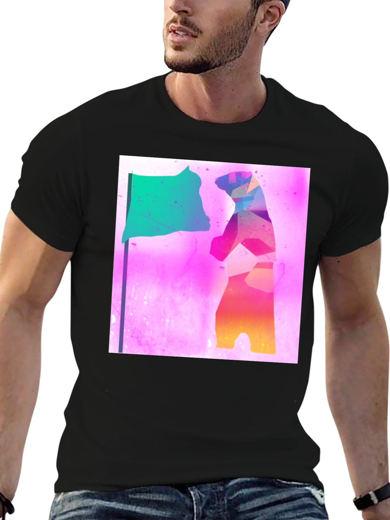 Abstract Bear Flag Graphic Tee - Black Cotton Blend