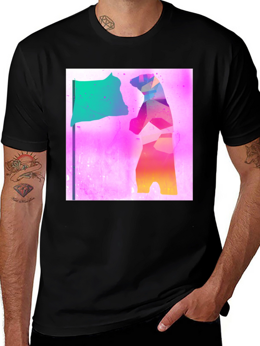 Abstract Bear Flag Graphic Tee - Black Cotton Blend