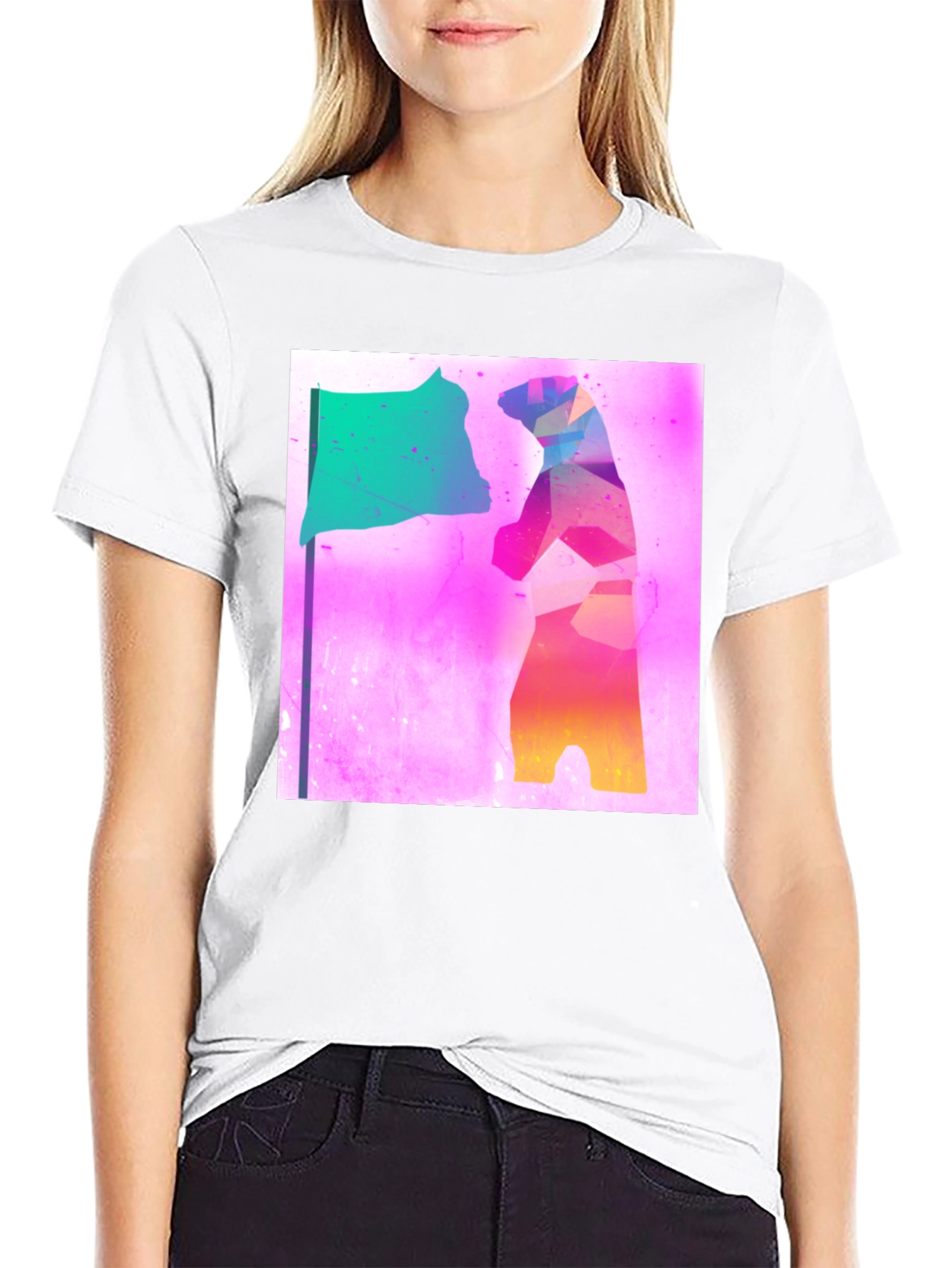 Abstract Bear Flag Graphic Tee - Black Cotton Blend