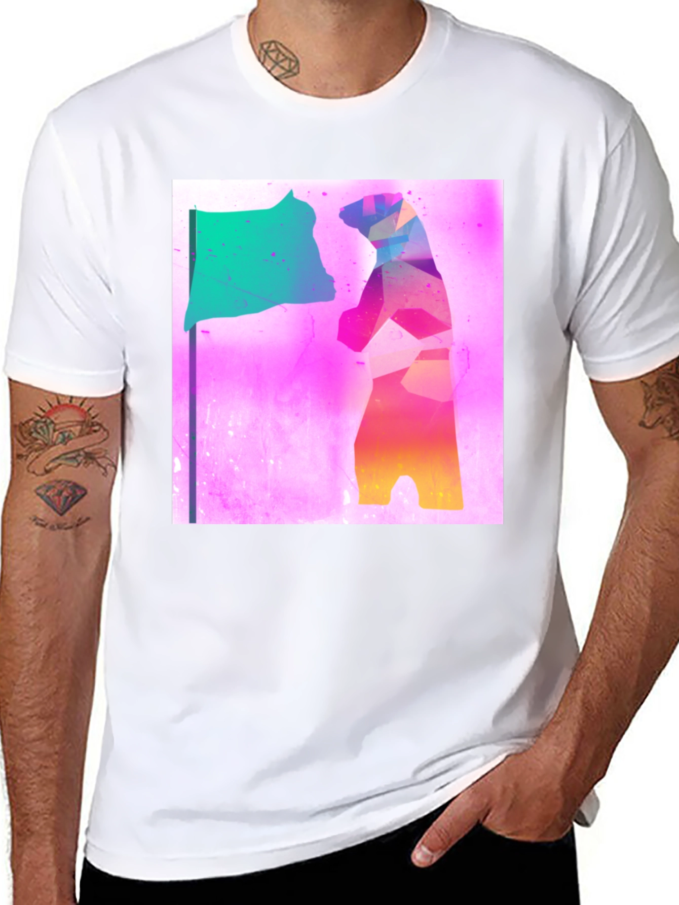 Abstract Bear Flag Graphic Tee - Black Cotton Blend
