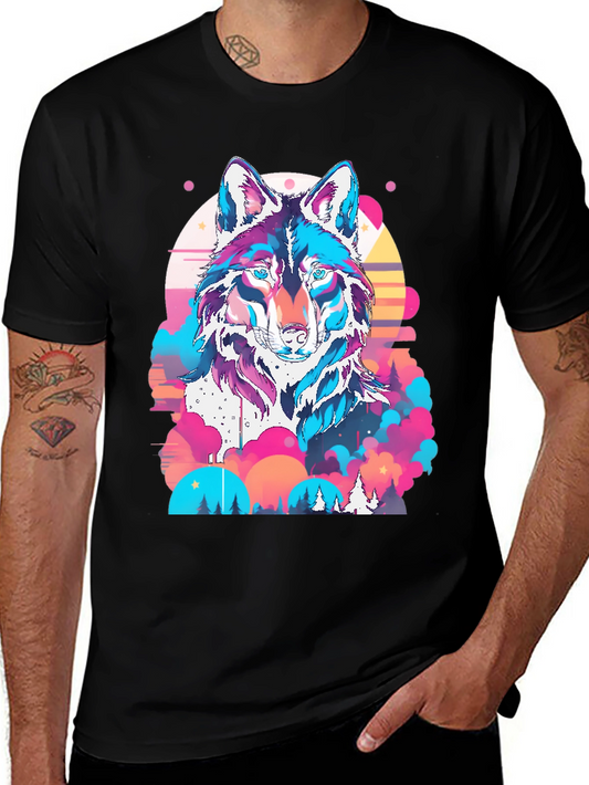 Colorful Wolf Graphic Print Black T-Shirt