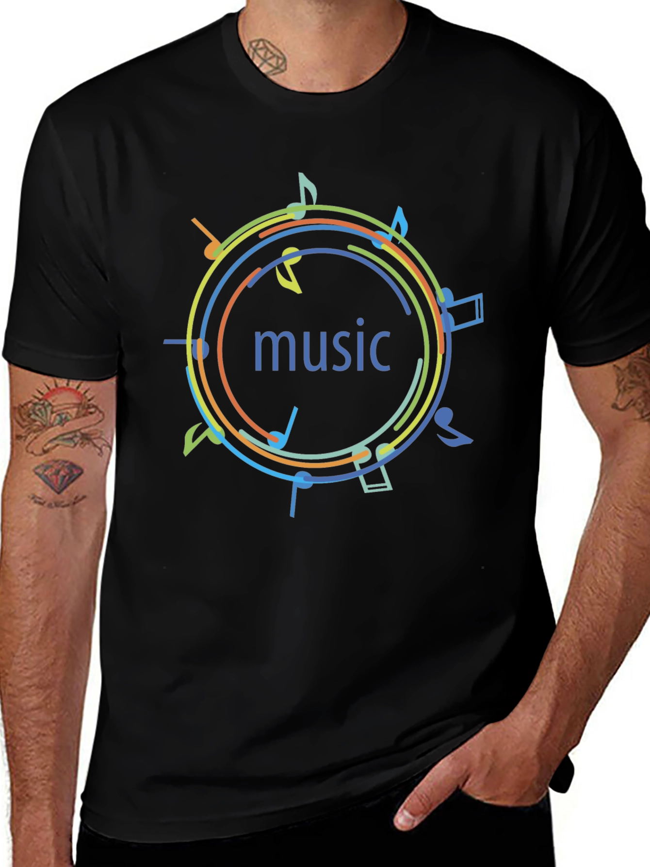 Music Notes Graphic Print T-Shirt - Black