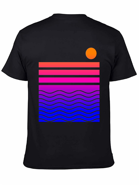 Sunset Waves Graphic Tee - Stylish Mens Black T-Shirt