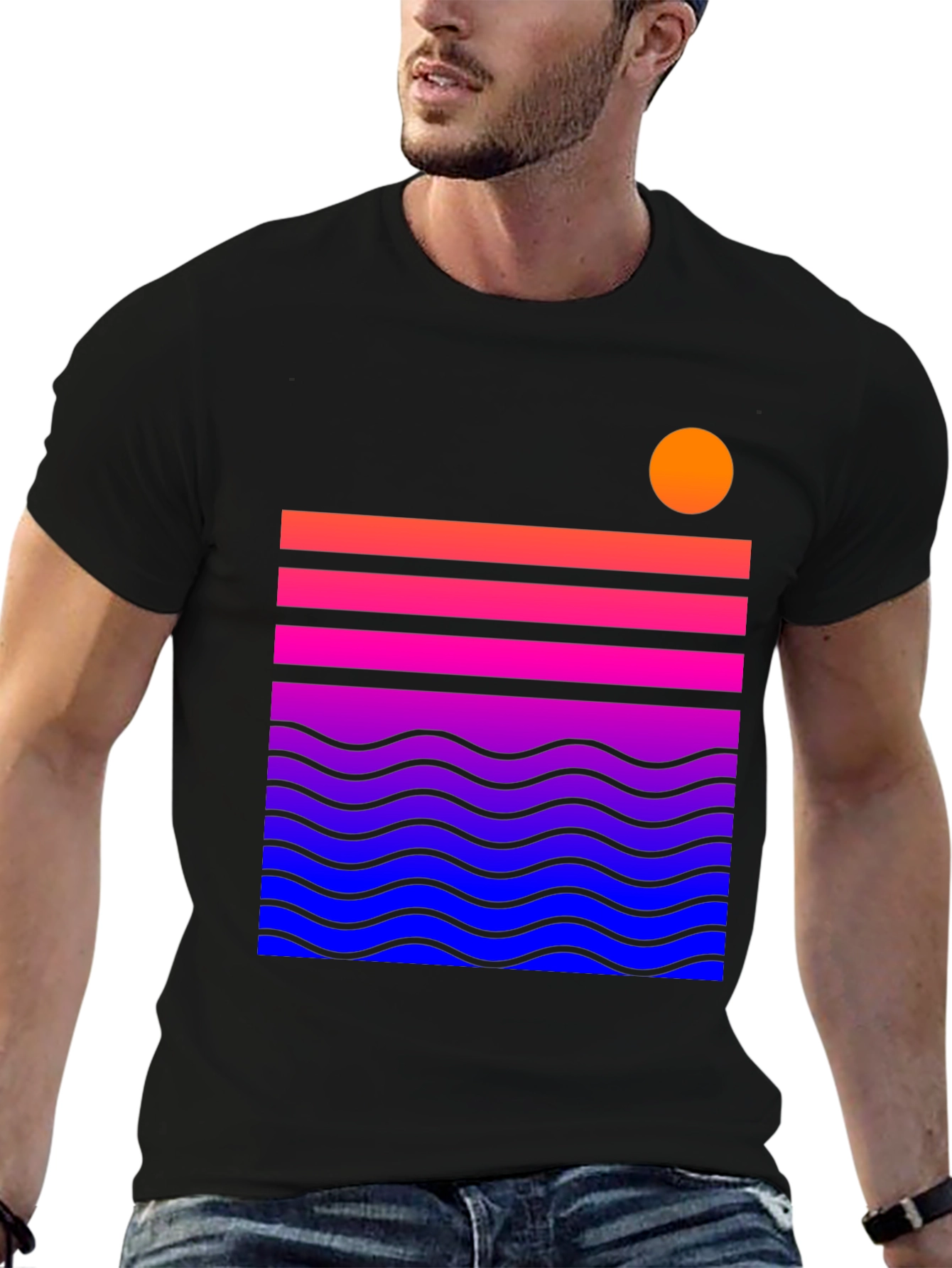 Sunset Waves Graphic Tee - Stylish Mens Black T-Shirt