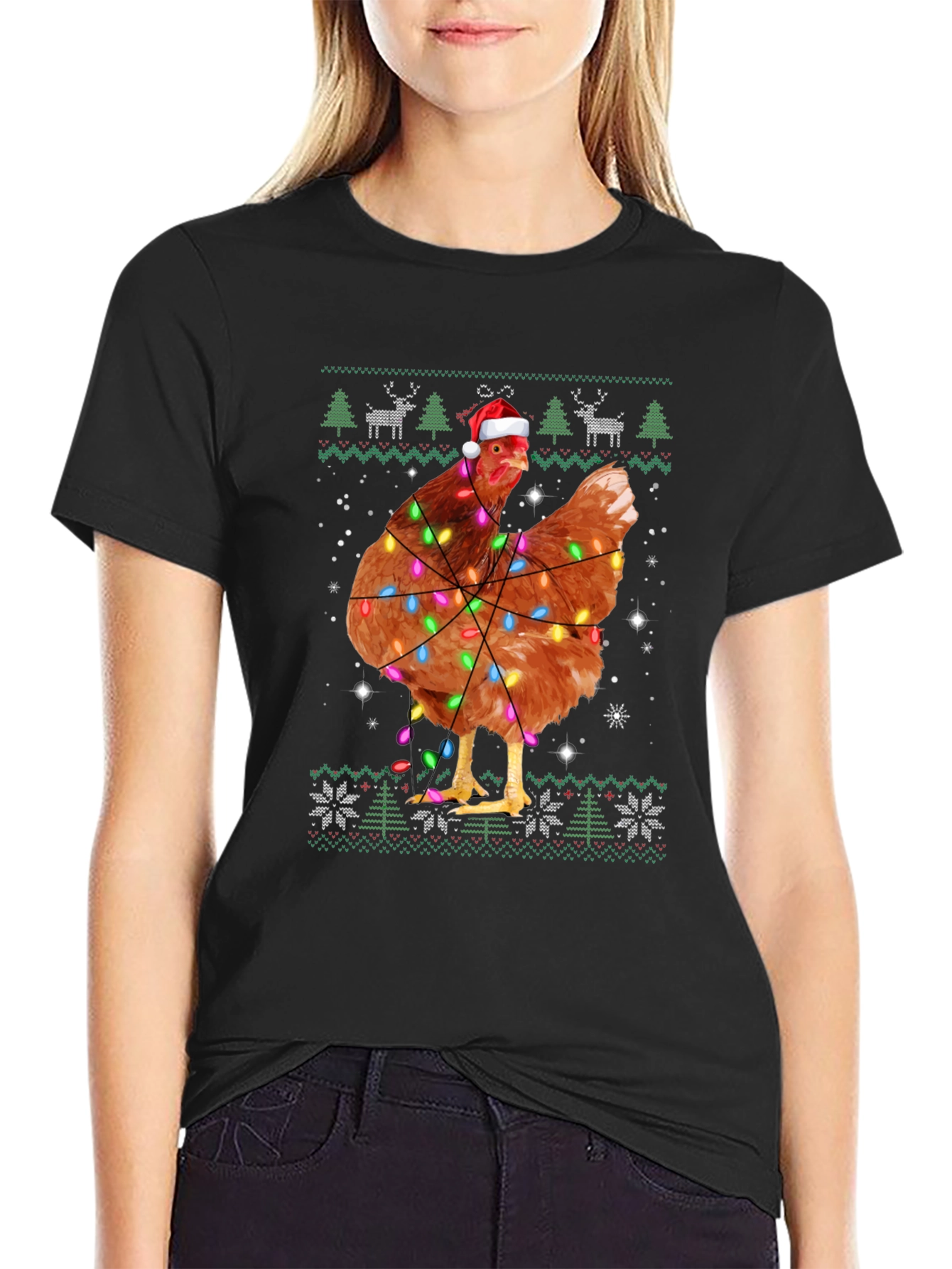 Chicken Christmas Light Ugly Holiday Black T-Shirt