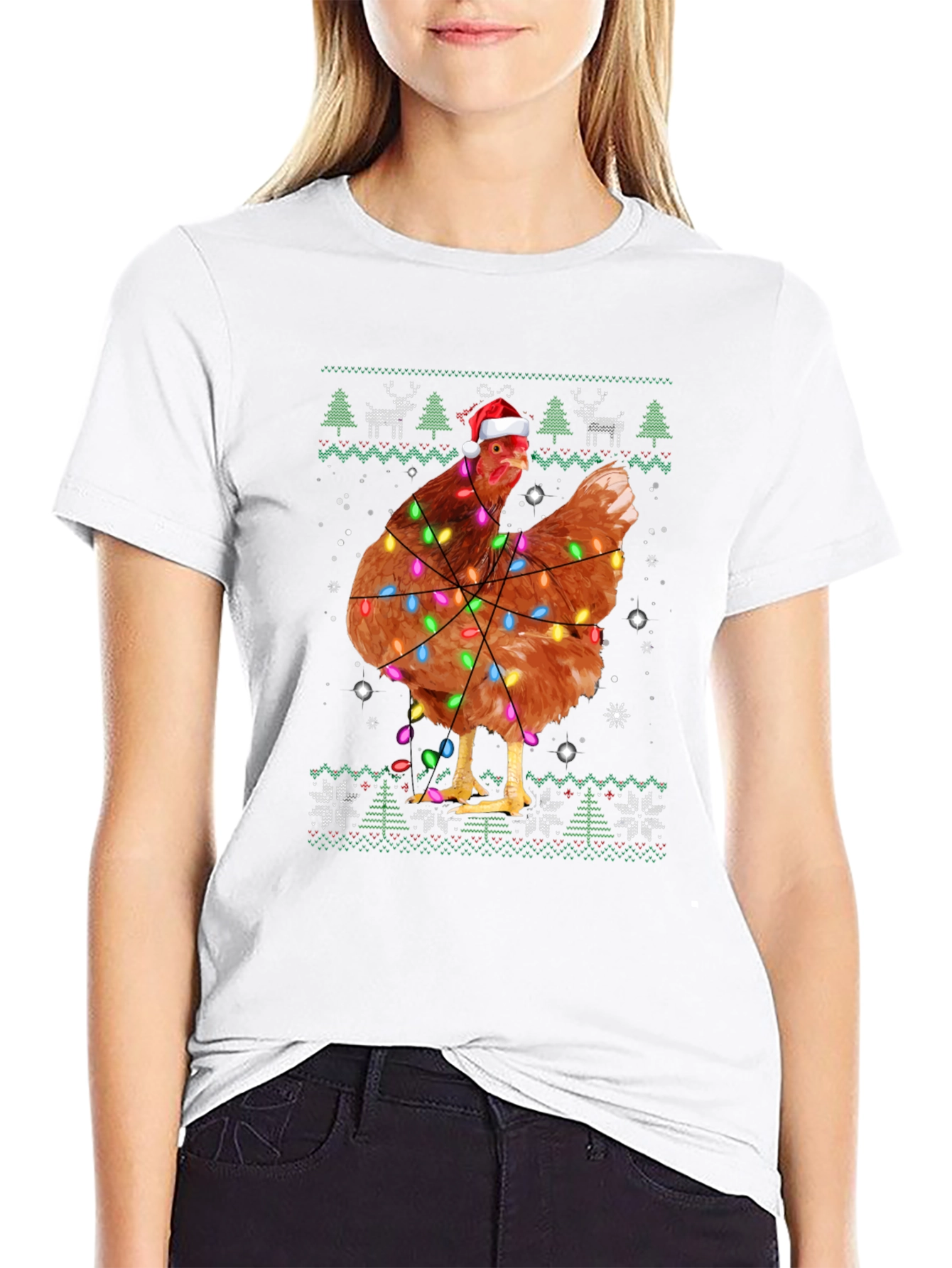 Chicken Christmas Light Ugly Holiday Black T-Shirt