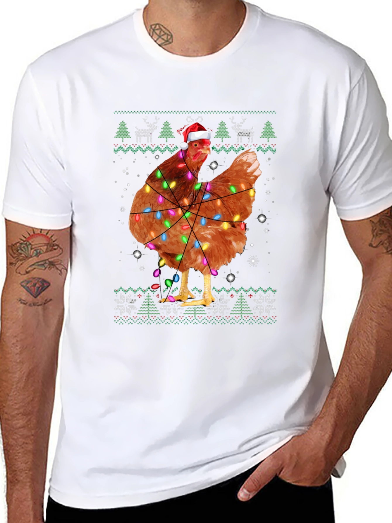 Chicken Christmas Light Ugly Holiday Black T-Shirt
