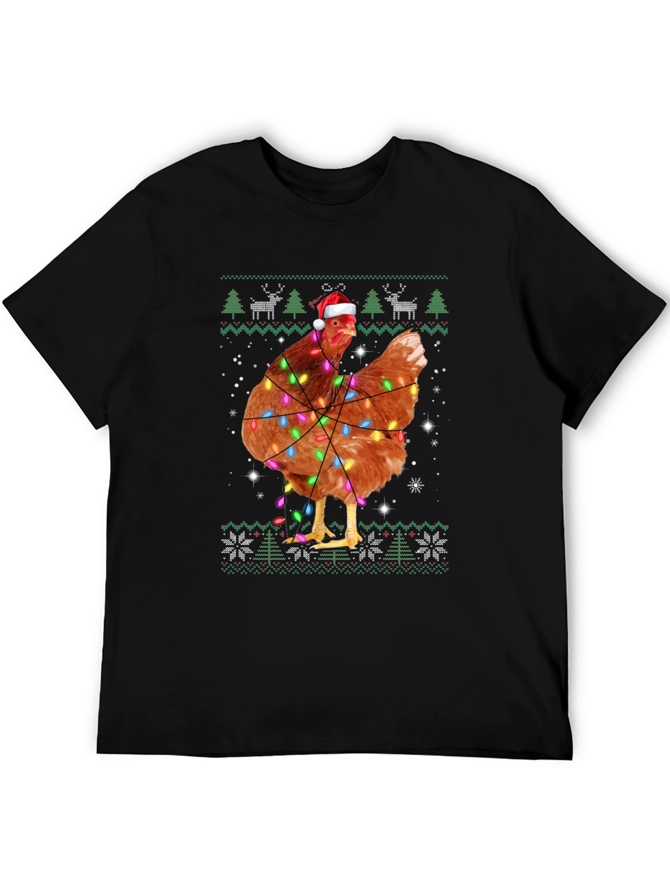 Chicken Christmas Light Ugly Holiday Black T-Shirt