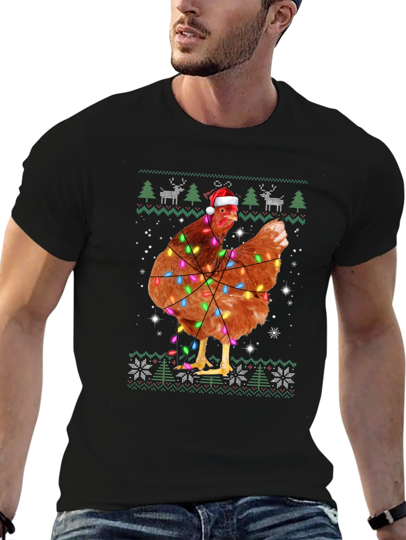 Chicken Christmas Light Ugly Holiday Black T-Shirt