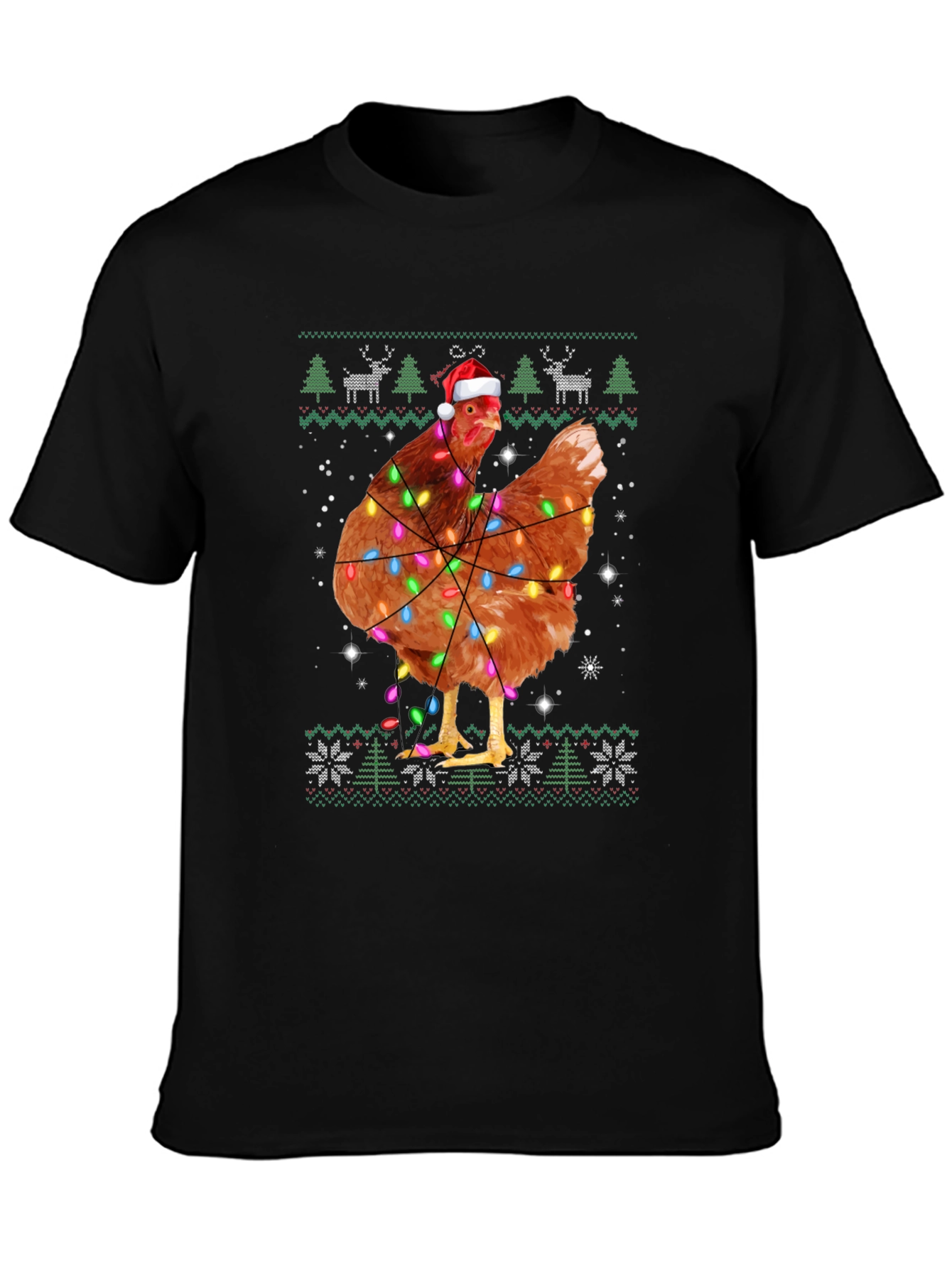 Chicken Christmas Light Ugly Holiday Black T-Shirt