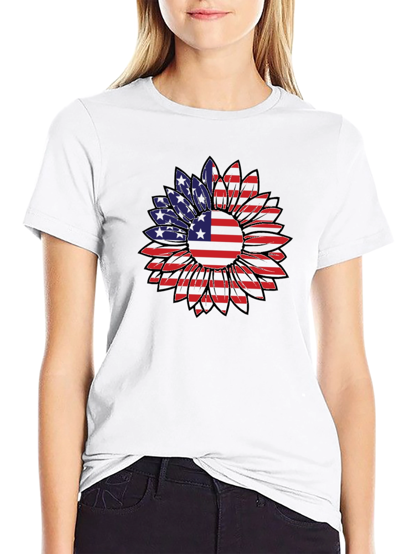 American Flag Sunflower Graphic T-Shirt