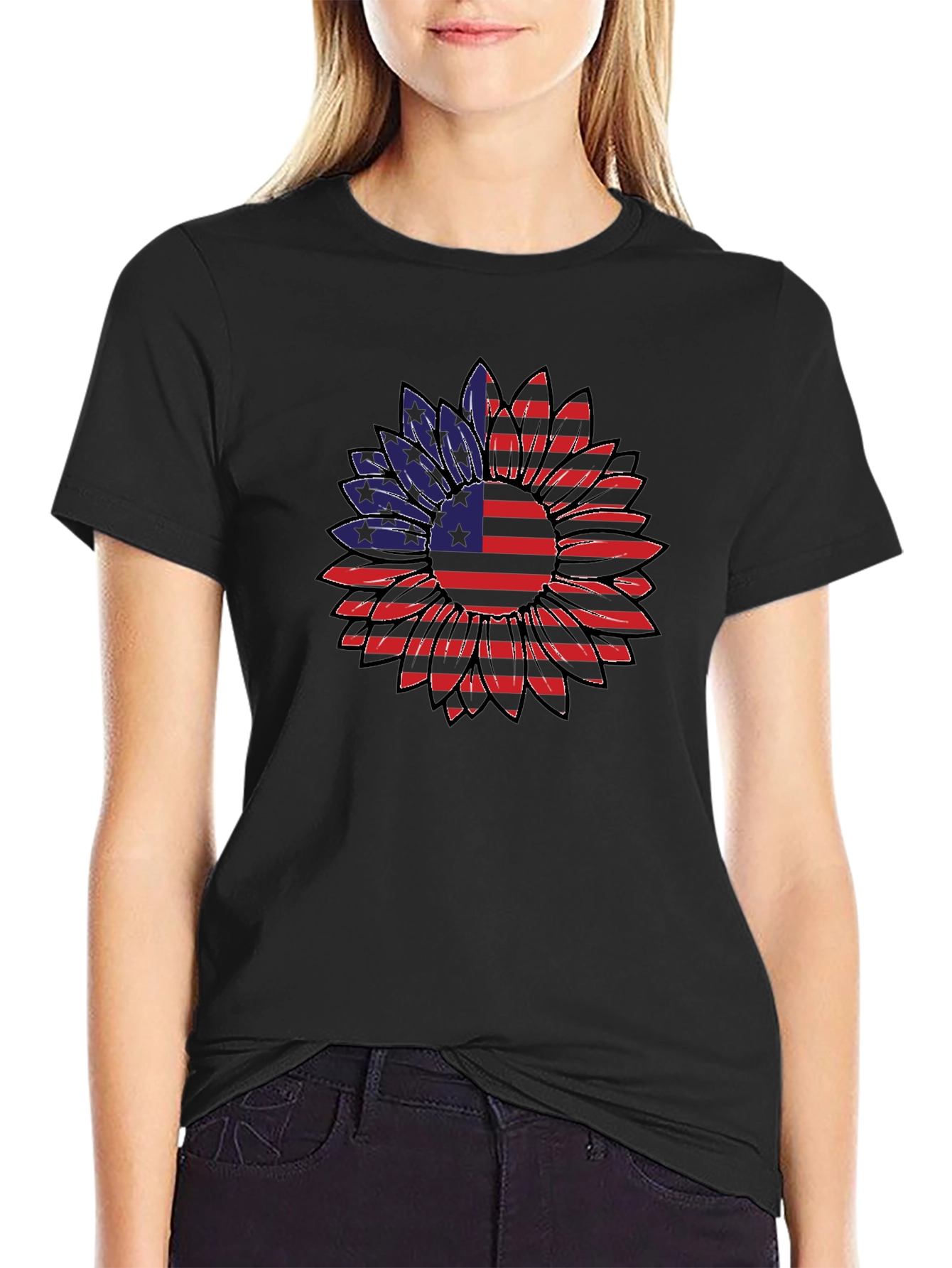 American Flag Sunflower Graphic T-Shirt