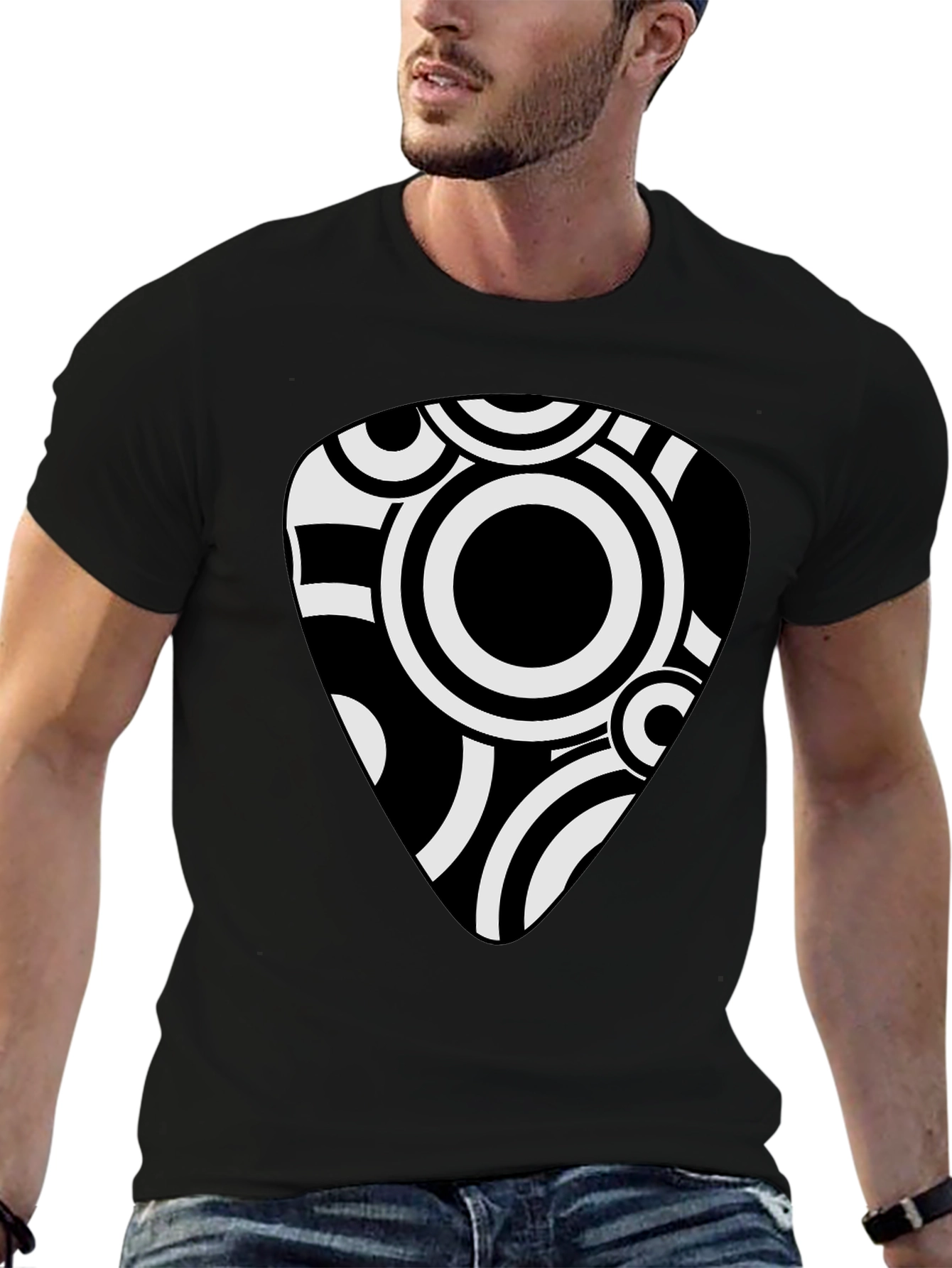 Abstract Guitar Pick Graphic Tee - Black Cotton Shirt