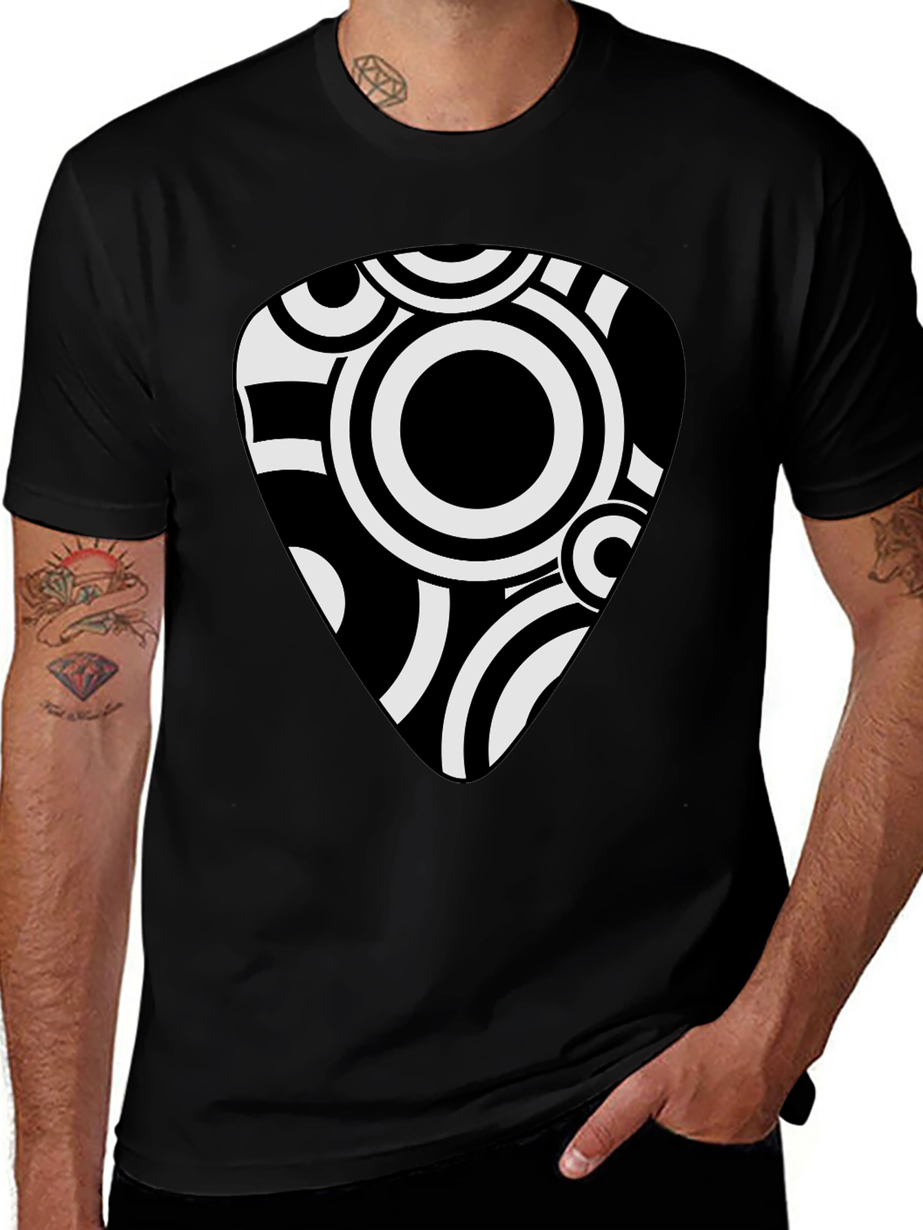 Abstract Guitar Pick Graphic Tee - Black Cotton Shirt
