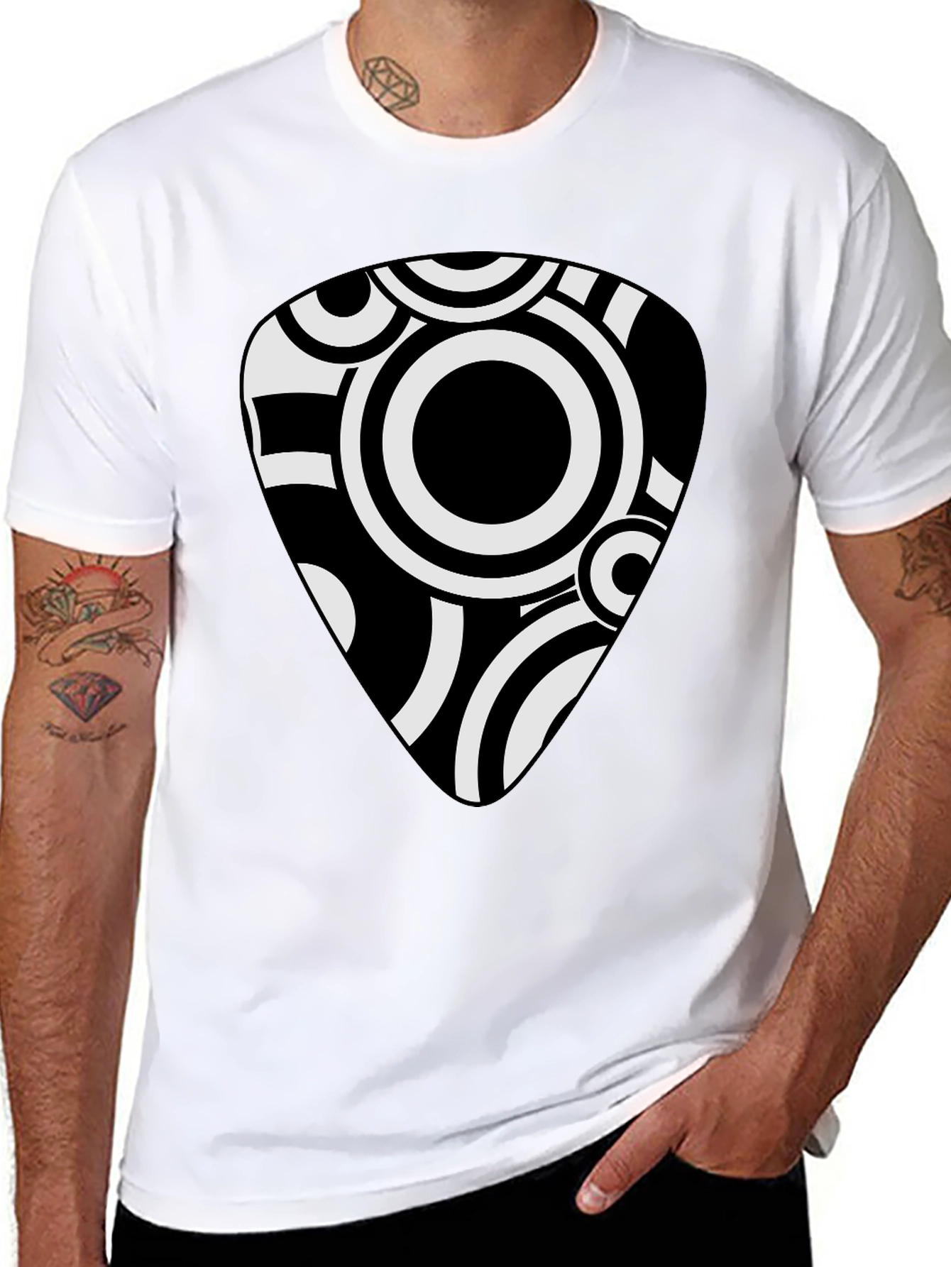 Abstract Guitar Pick Graphic Tee - Black Cotton Shirt