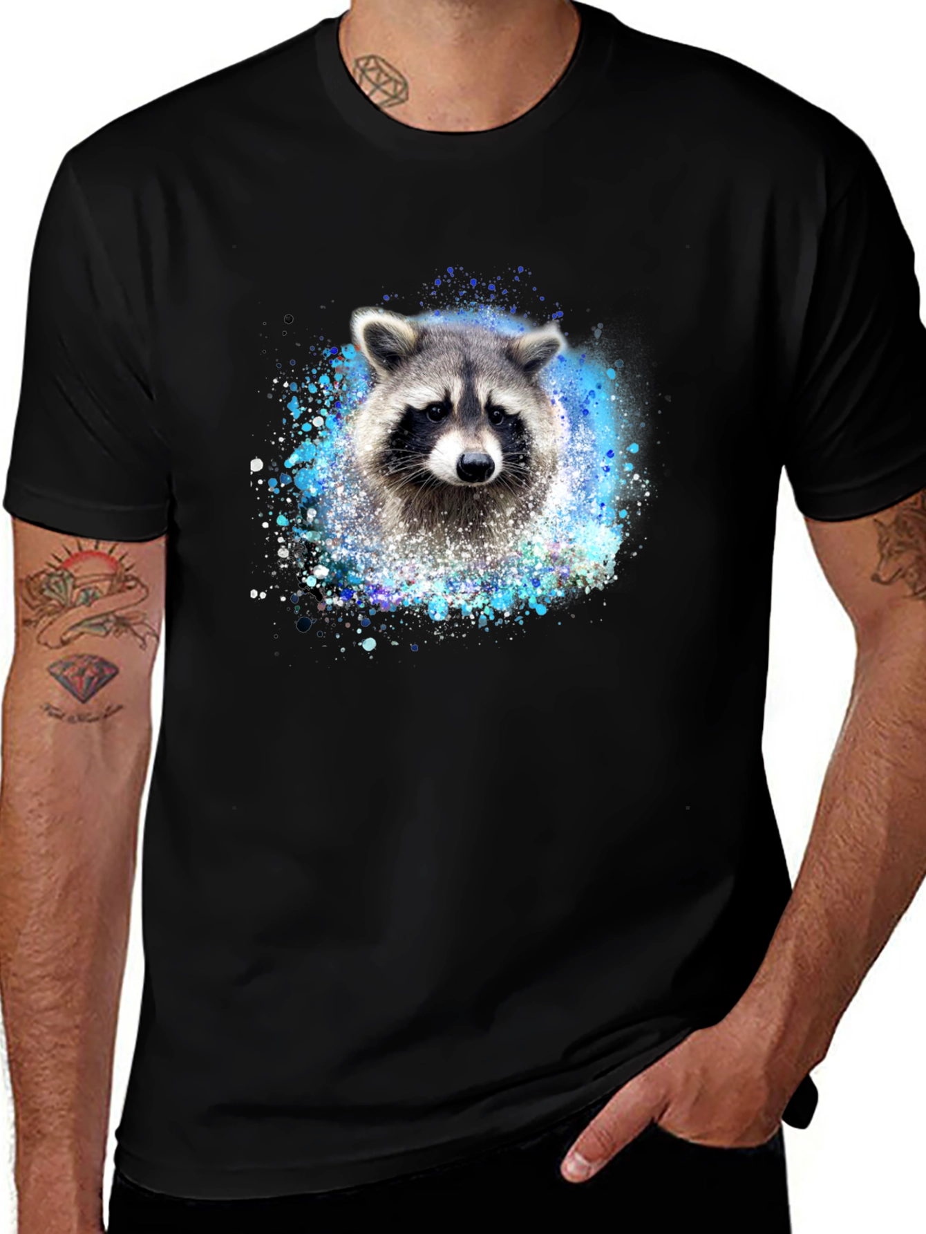 Raccoon Splatter Print Black Tee