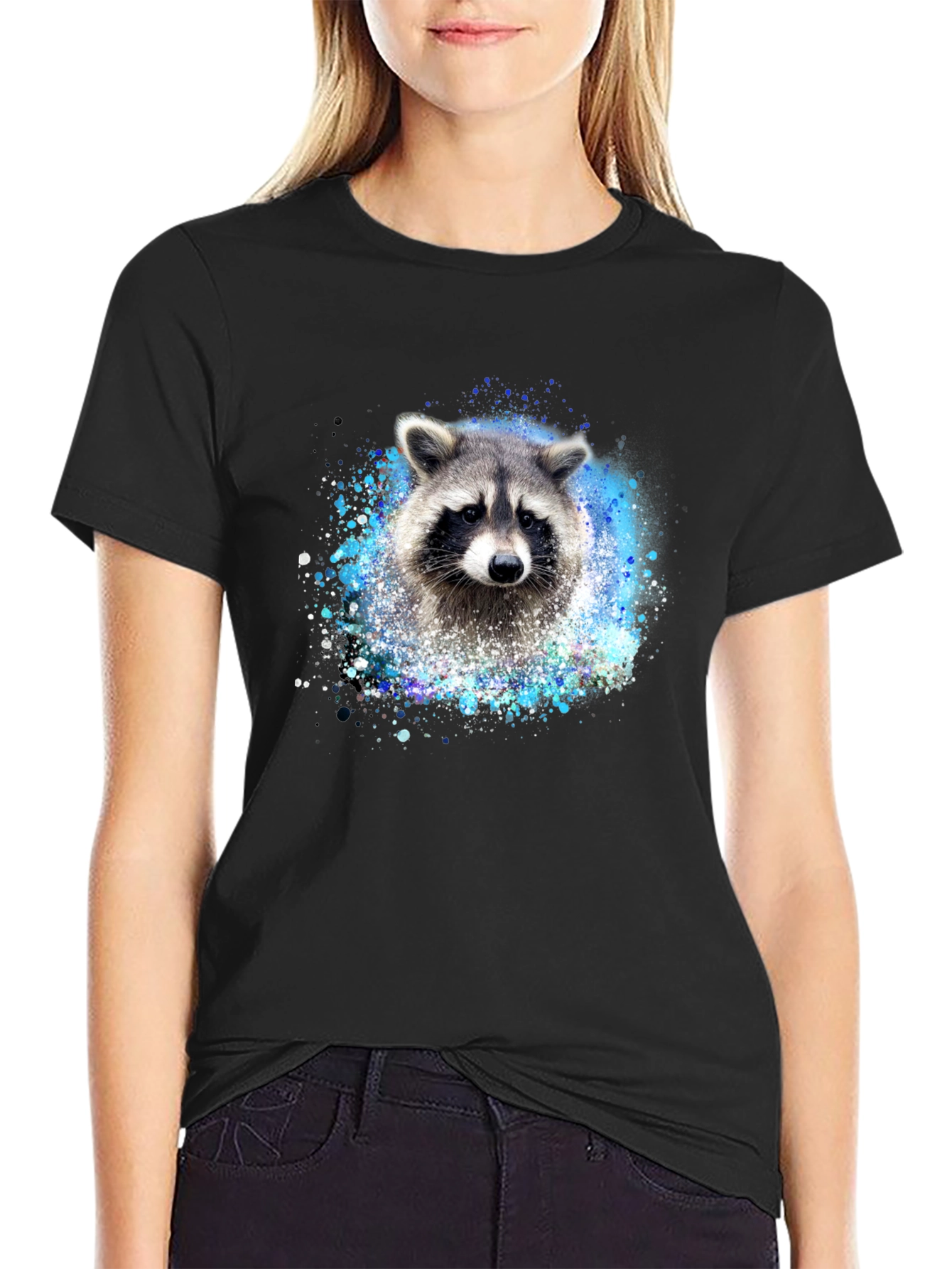 Raccoon Splatter Print Black Tee