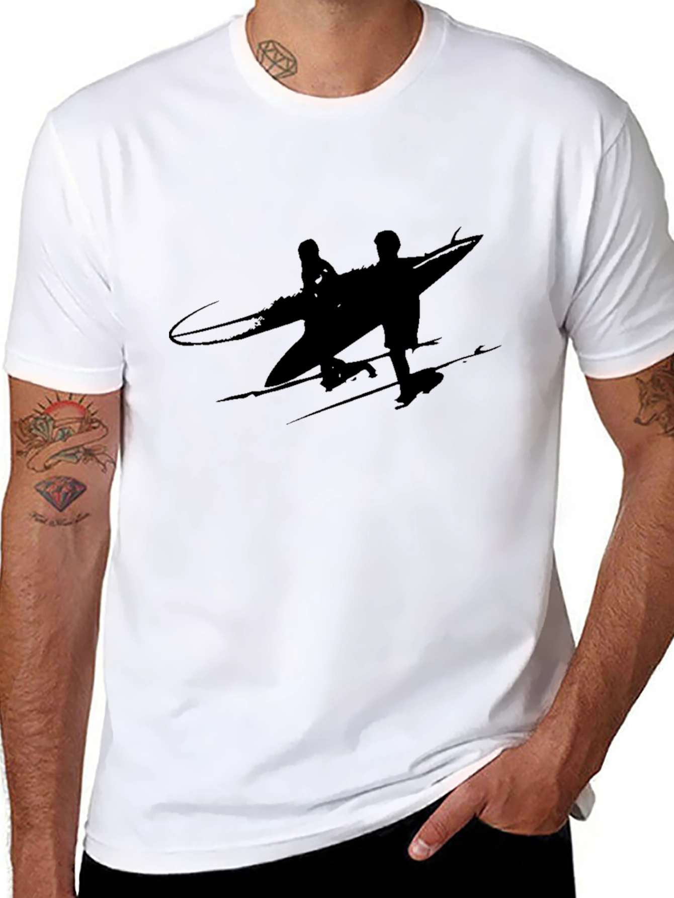 Black T-Shirt with Surfer Graphic