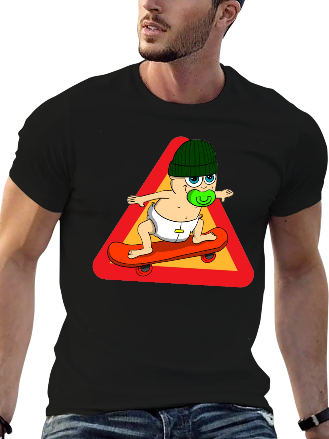 Baby on Skateboard T-Shirt - Black Cotton Tee