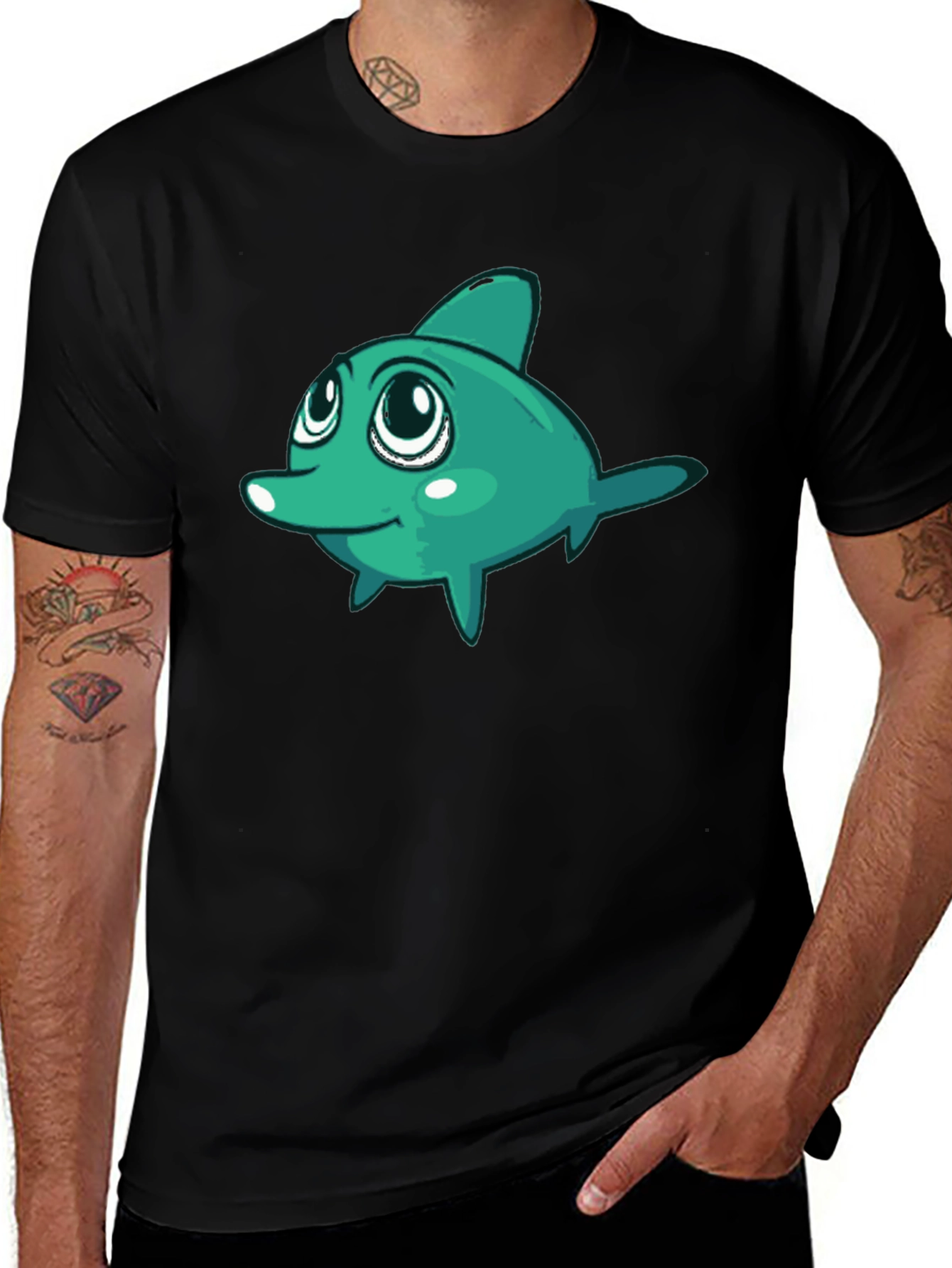 Cute Cartoon Fish Graphic Black T-Shirt
