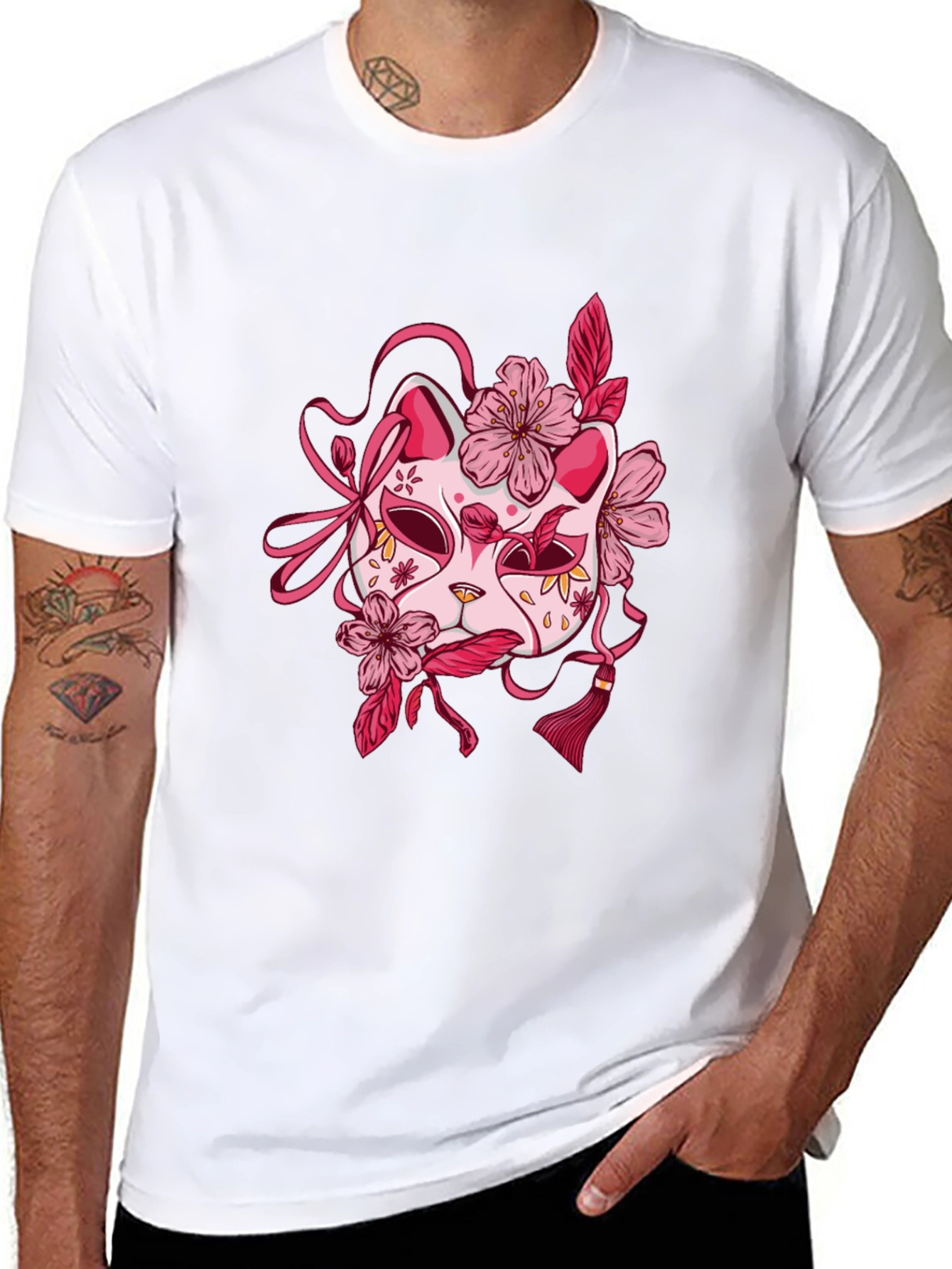 Floral Kitsune Mask Graphic Tee - Black