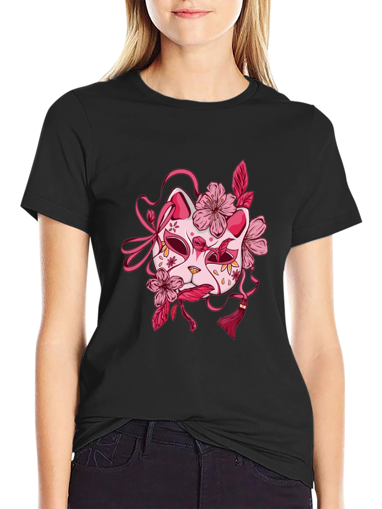 Floral Kitsune Mask Graphic Tee - Black