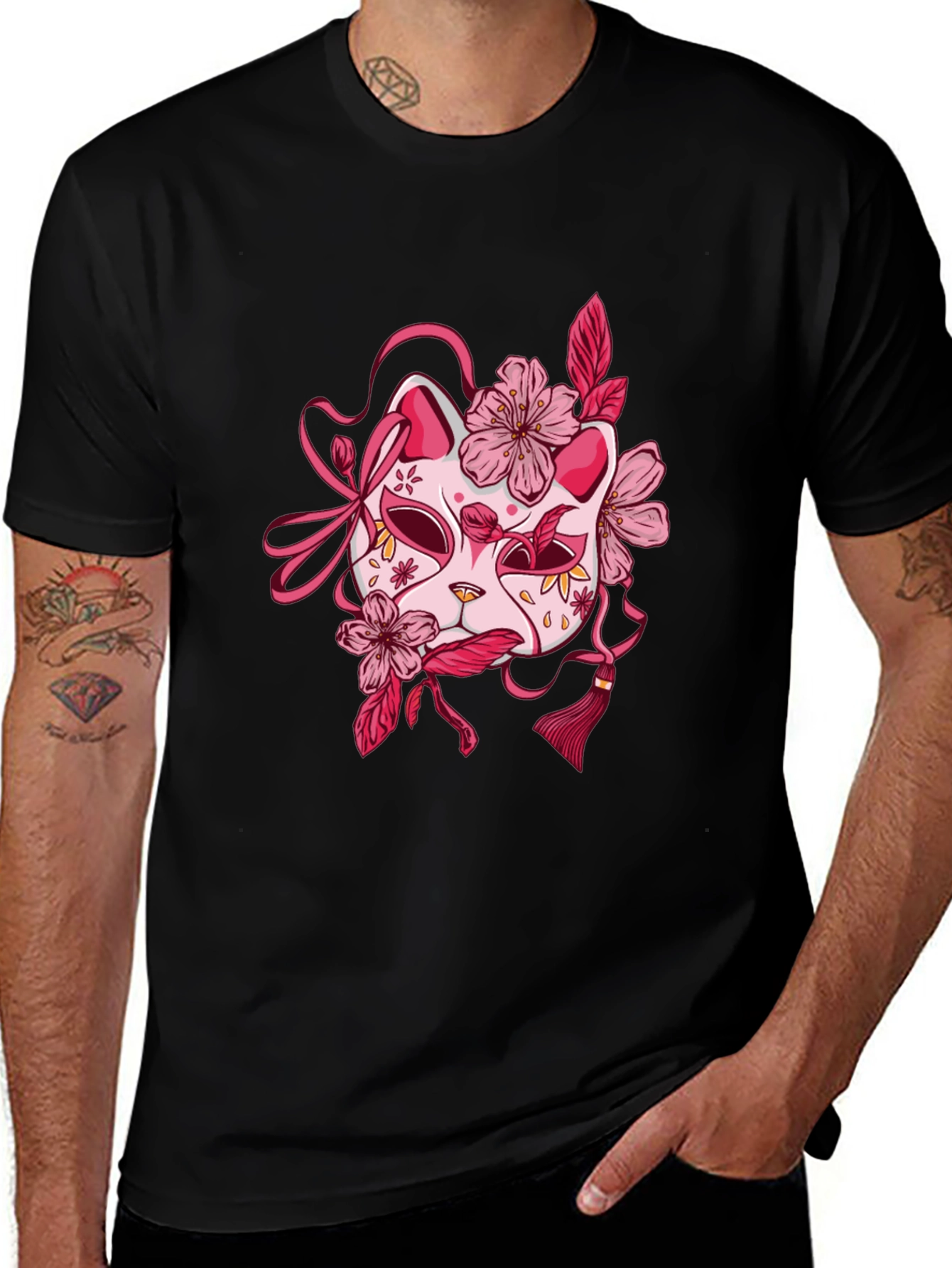 Floral Kitsune Mask Graphic Tee - Black