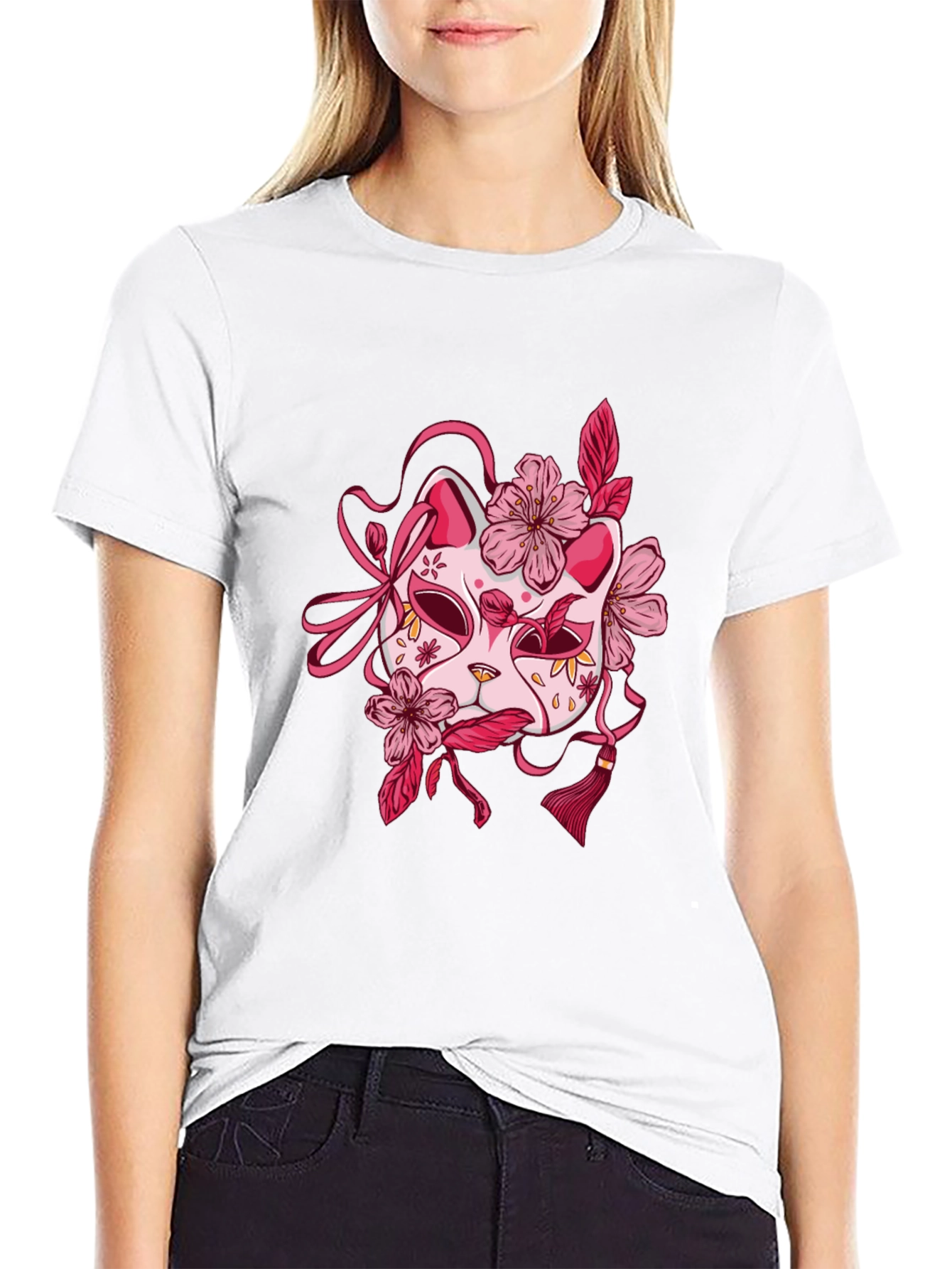 Floral Kitsune Mask Graphic Tee - Black