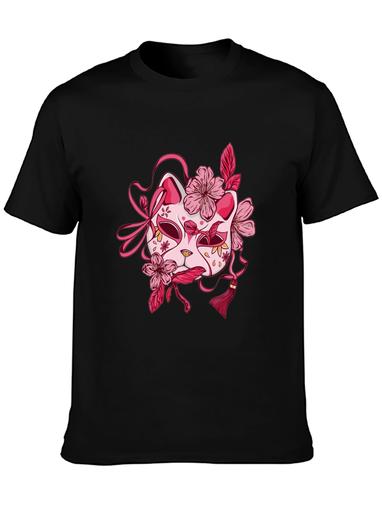 Floral Kitsune Mask Graphic Tee - Black