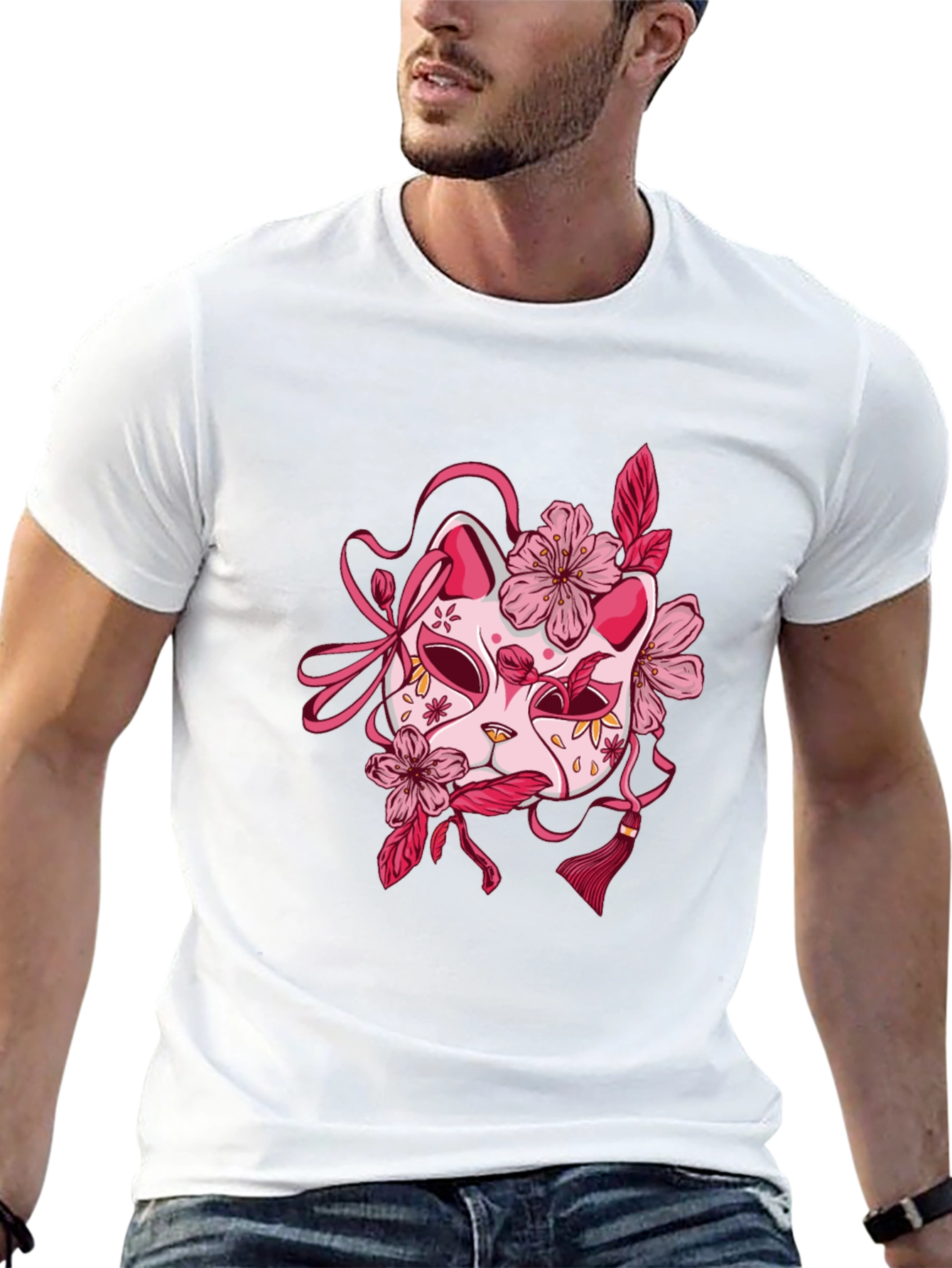 Floral Kitsune Mask Graphic Tee - Black