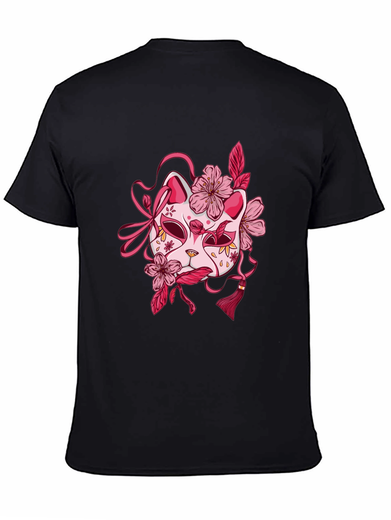 Floral Kitsune Mask Graphic Tee - Black