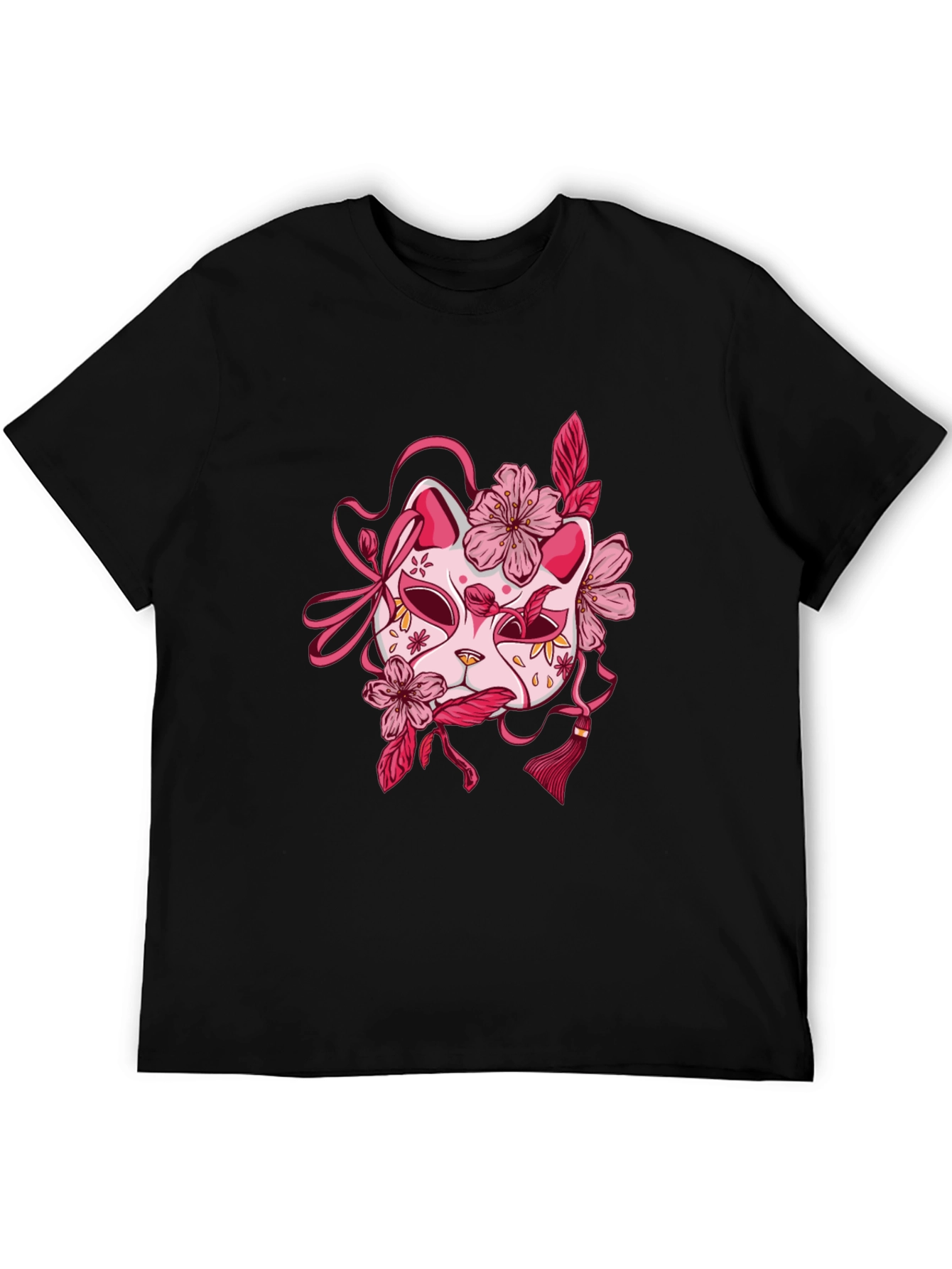 Floral Kitsune Mask Graphic Tee - Black