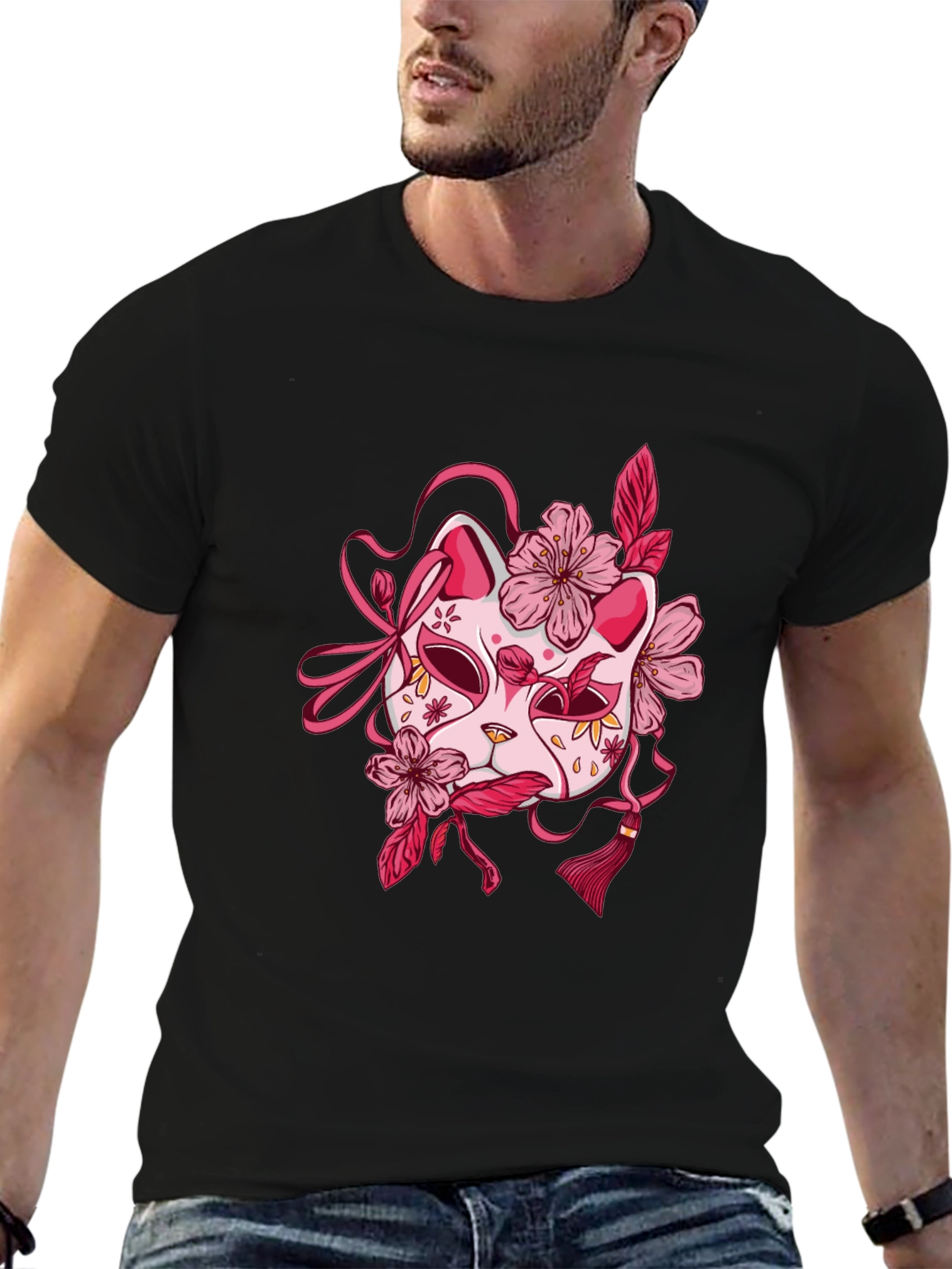 Floral Kitsune Mask Graphic Tee - Black