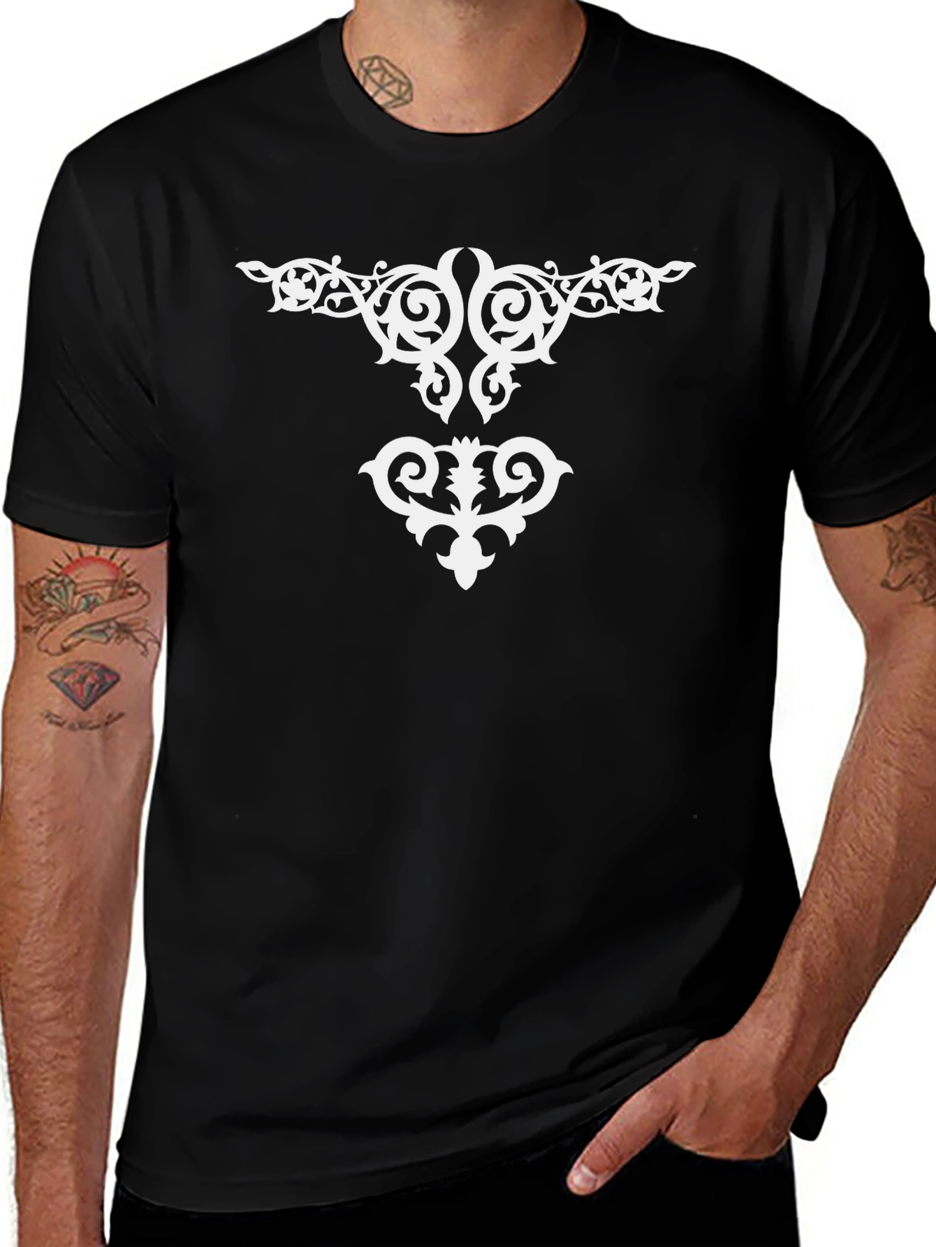 Elegant Black T-Shirt with White Ornamental Design