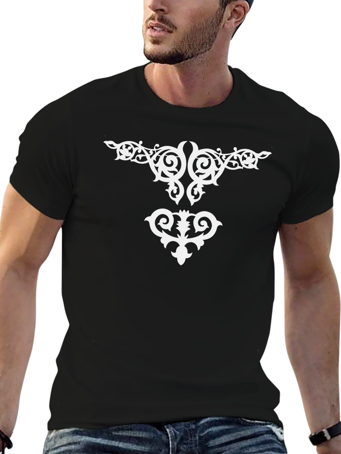 Elegant Black T-Shirt with White Ornamental Design