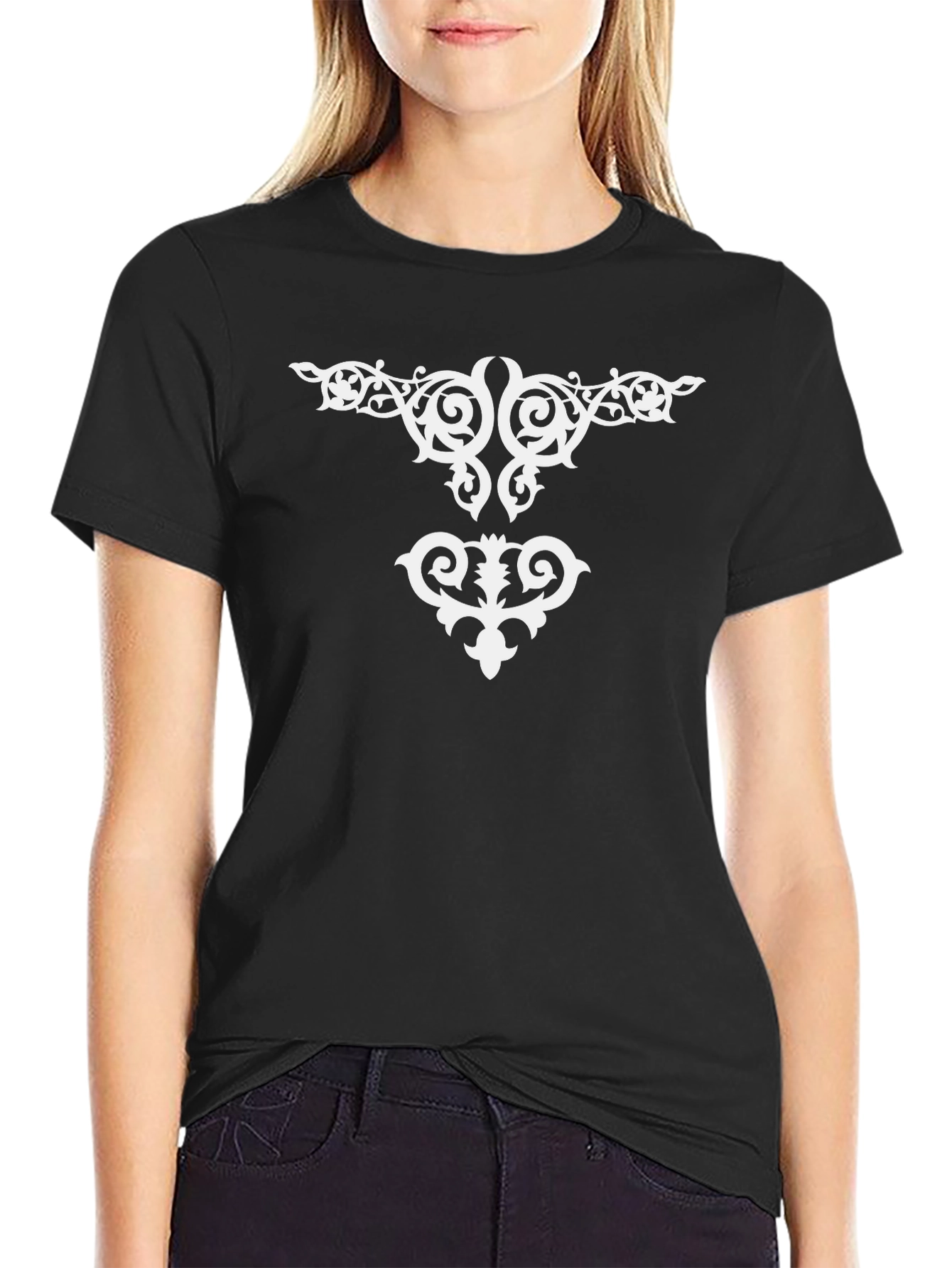 Elegant Black T-Shirt with White Ornamental Design