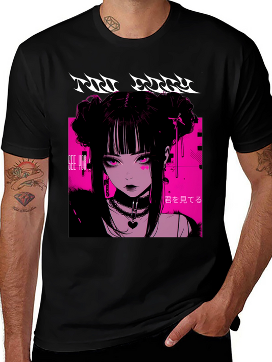 Anime Girl Graphic Tee - Black